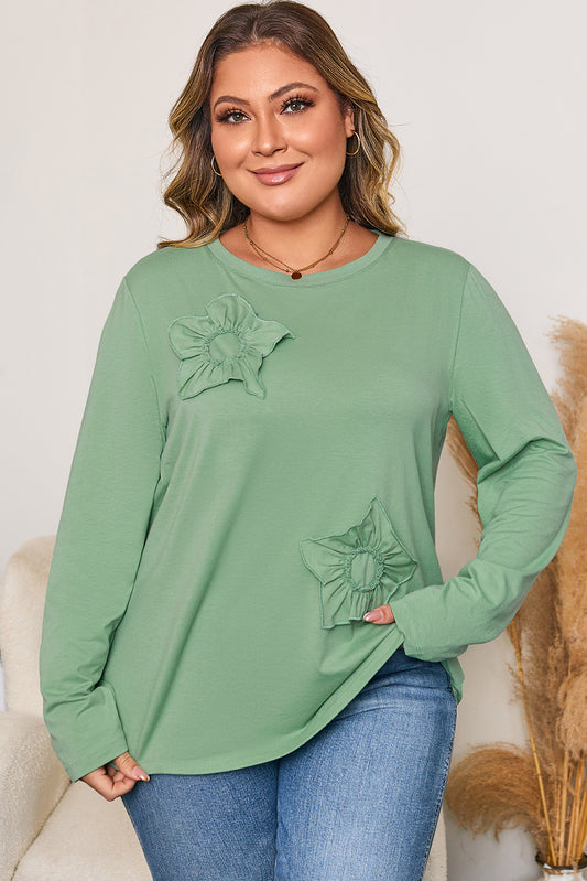 Grass Green Flower Applique Mineral Wash Plus Size Top-Plus Size/Plus Size Tops/Plus Size Long Sleeve Tops-[Adult]-[Female]-Grass Green-1X-2022 Online Blue Zone Planet