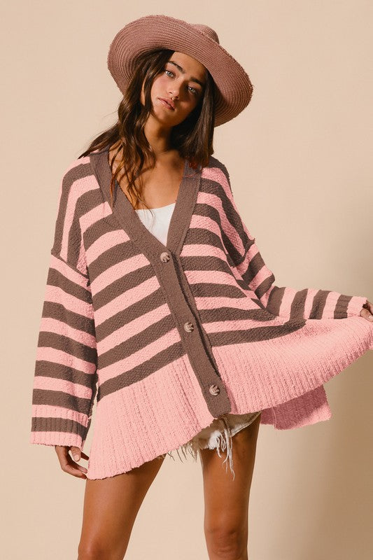 BiBi Slit Striped V-Neck Button Up Cardigan-TOPS / DRESSES-[Adult]-[Female]-Blush Pink-S-2022 Online Blue Zone Planet