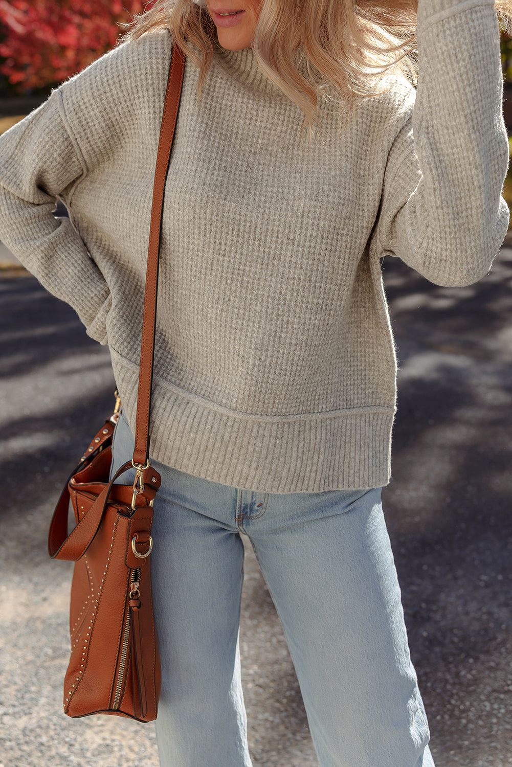 Gray Morn Waffle Texture Knit Ribbed High Neck Drop Shoulder Sweater-TOPS / DRESSES-[Adult]-[Female]-2022 Online Blue Zone Planet