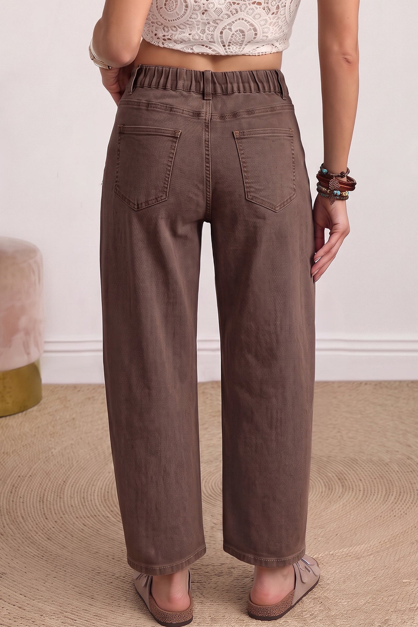 Coffee Solid Color Square Patch Pocket Ankle-length Barrel Jeans-Bottoms/Jeans-[Adult]-[Female]-2022 Online Blue Zone Planet