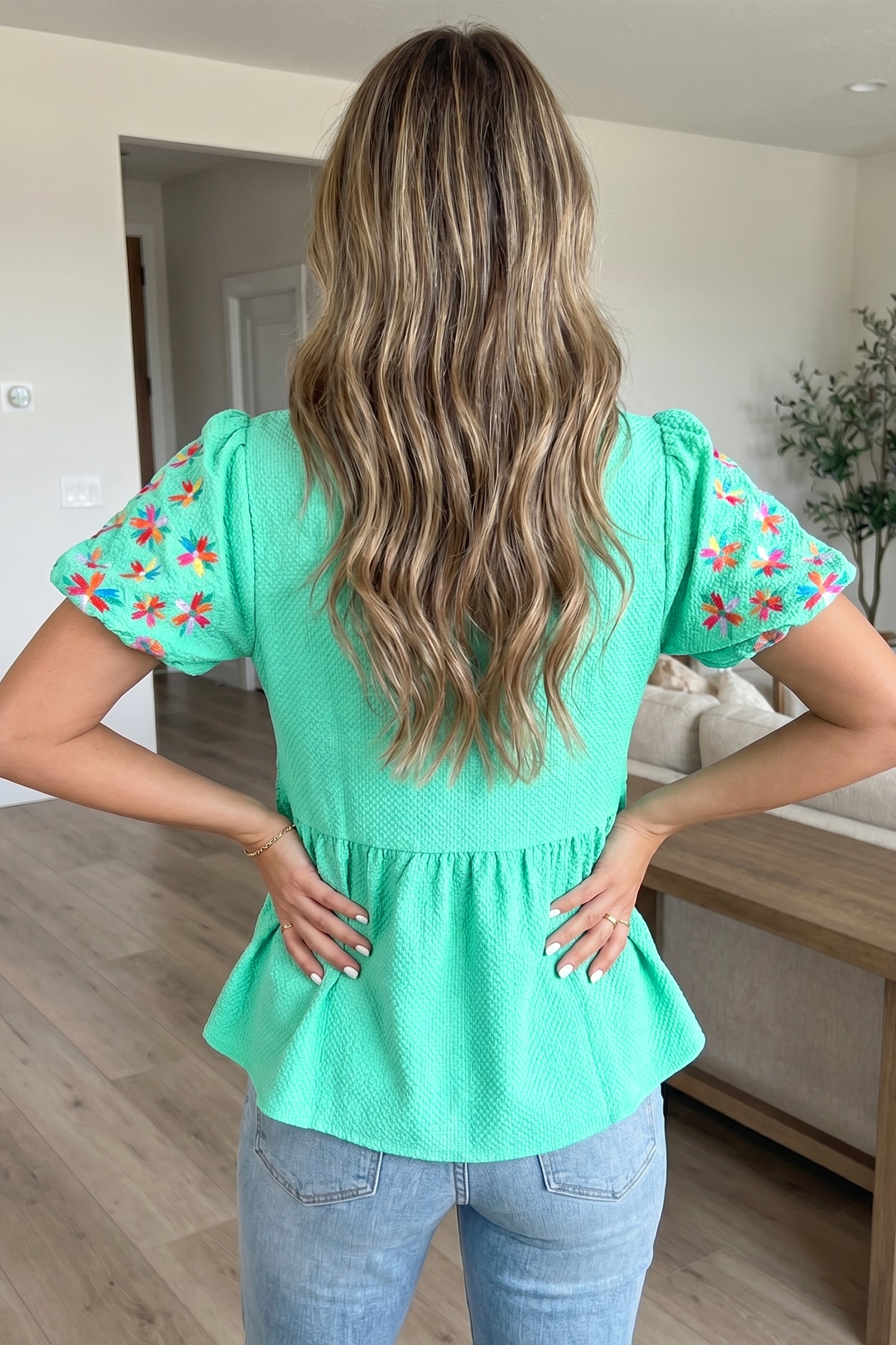Mint Green Frilled V Neck Flower Embroidered Puff Sleeve Textured Blouse-Tops/Blouses & Shirts-[Adult]-[Female]-2022 Online Blue Zone Planet