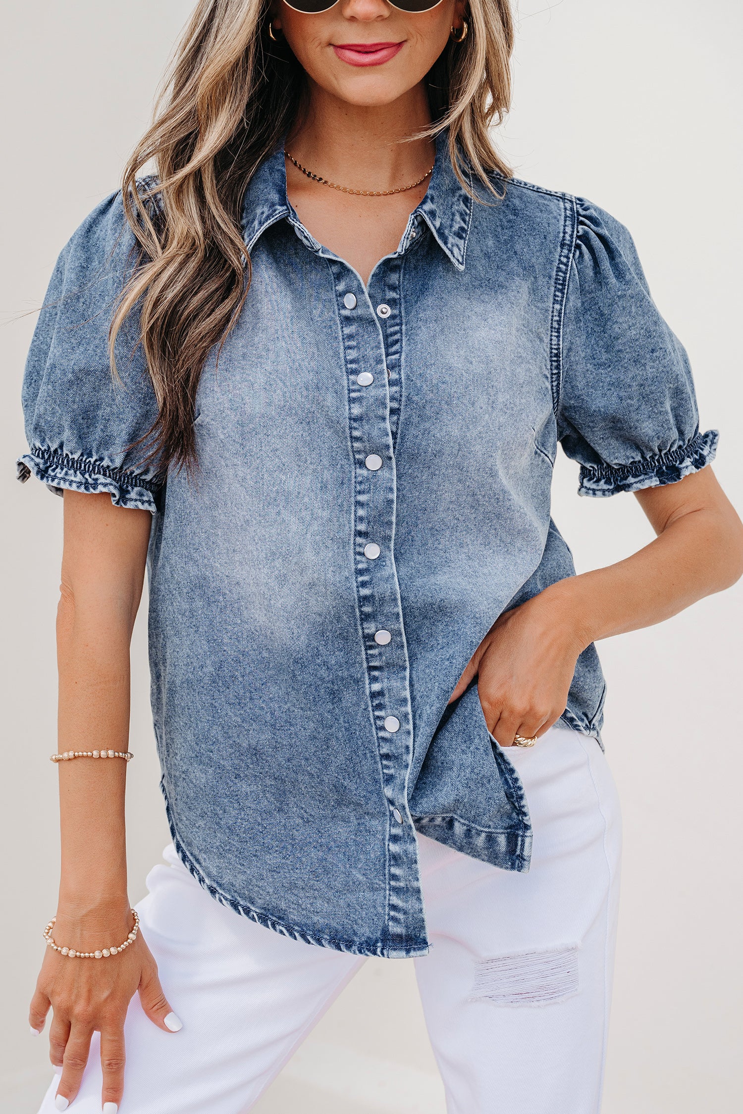 Beau Blue Frilled Short Sleeve Snap Button Denim Shirt-Tops/Blouses & Shirts-[Adult]-[Female]-2022 Online Blue Zone Planet