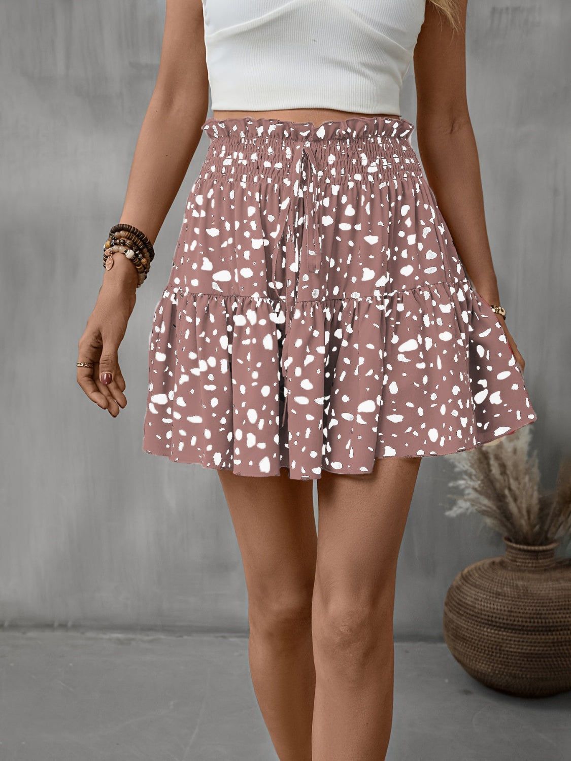 Frill Tied Printed Mini Skirt-BOTTOMS SIZES SMALL MEDIUM LARGE-[Adult]-[Female]-Dusty Pink-S-2022 Online Blue Zone Planet