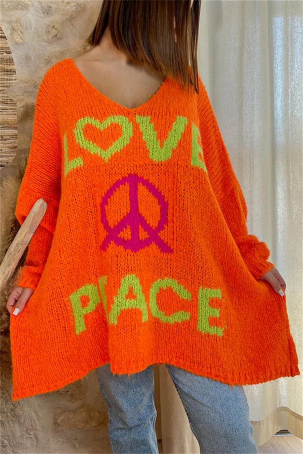 Peace Graphic V-Neck Long Sleeve Sweater-TOPS / DRESSES-[Adult]-[Female]-Orange-L-2022 Online Blue Zone Planet