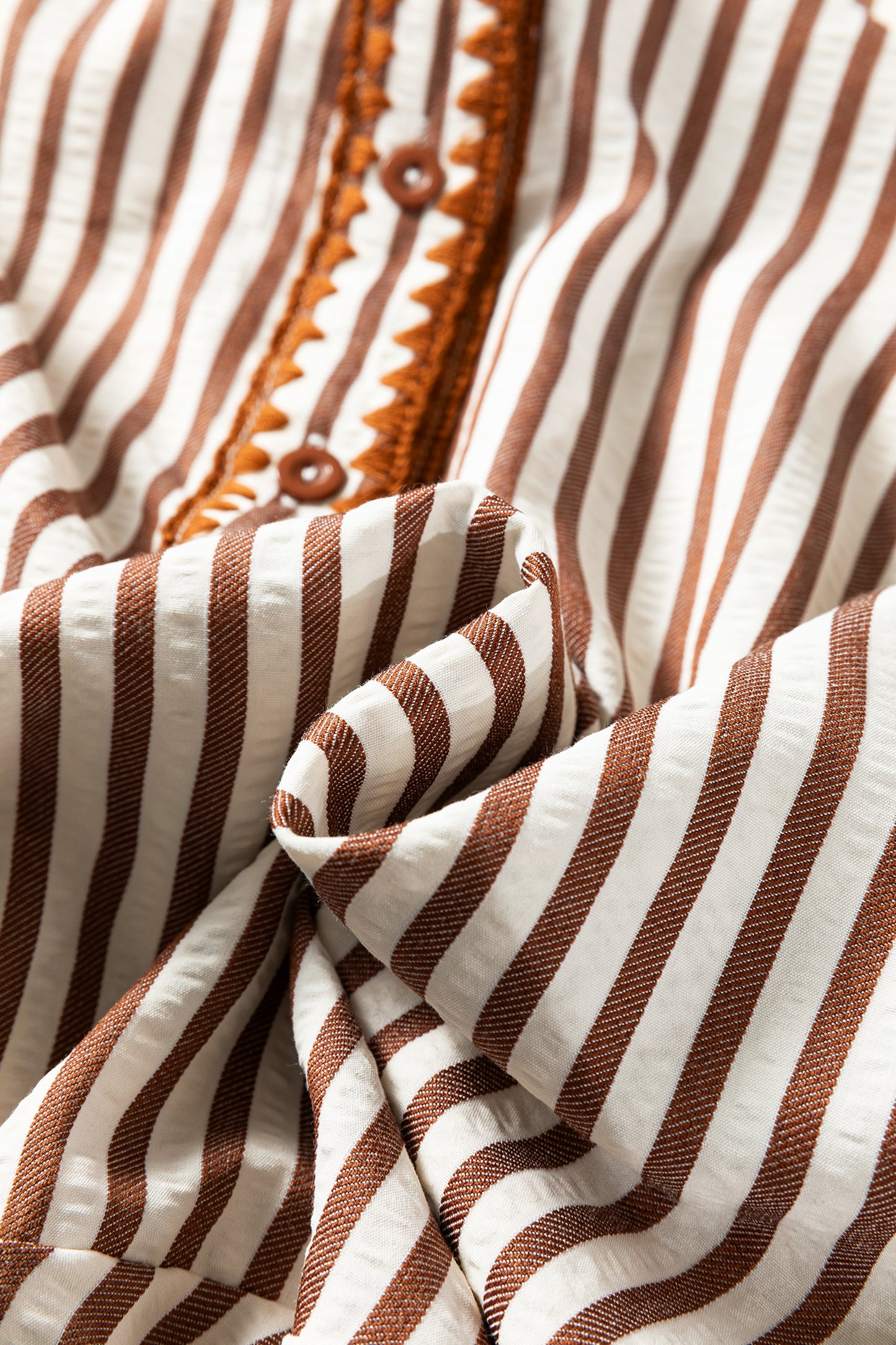 Khaki Stripe Shirt Collar Embroidered Trim Ruffle Hem Long Sleeve Mini Dress-TOPS / DRESSES-[Adult]-[Female]-2022 Online Blue Zone Planet