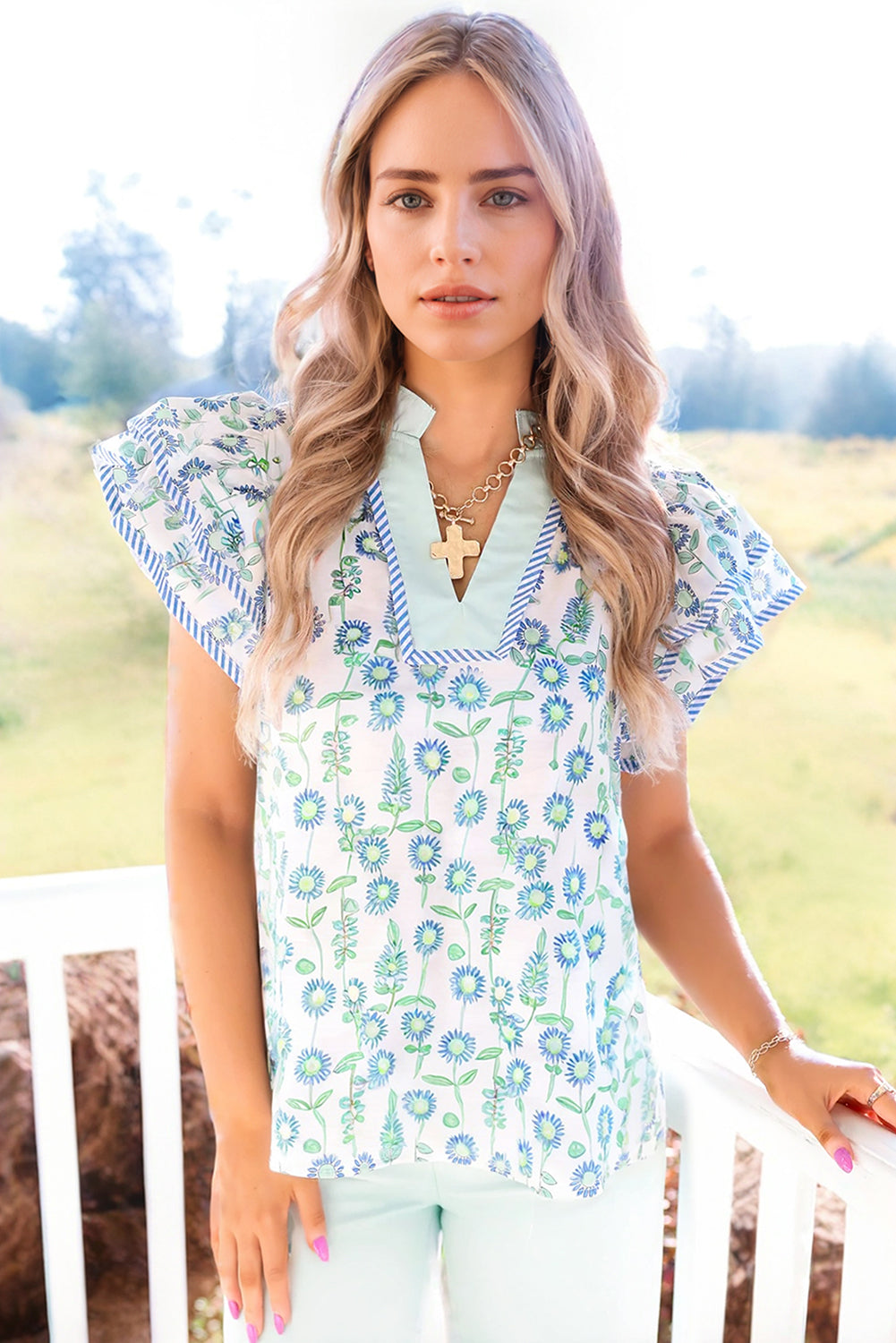 Green Floral Print Striped Detail Contrast V Neck Patchwork Flutter Sleeve Blouse-Tops/Blouses & Shirts-[Adult]-[Female]-2022 Online Blue Zone Planet