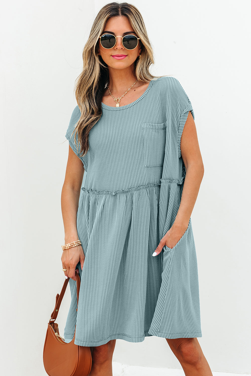 Canton Corded Knit Textured Patched Pocket Frilled Swing Mini Dress with Pockets-TOPS / DRESSES-[Adult]-[Female]-2022 Online Blue Zone Planet
