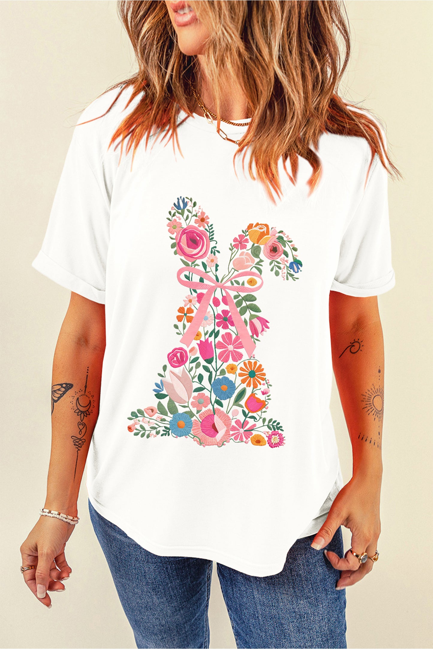 White Floral Easter Bunny Casual Graphic Tee-Graphic Tees-[Adult]-[Female]-2022 Online Blue Zone Planet