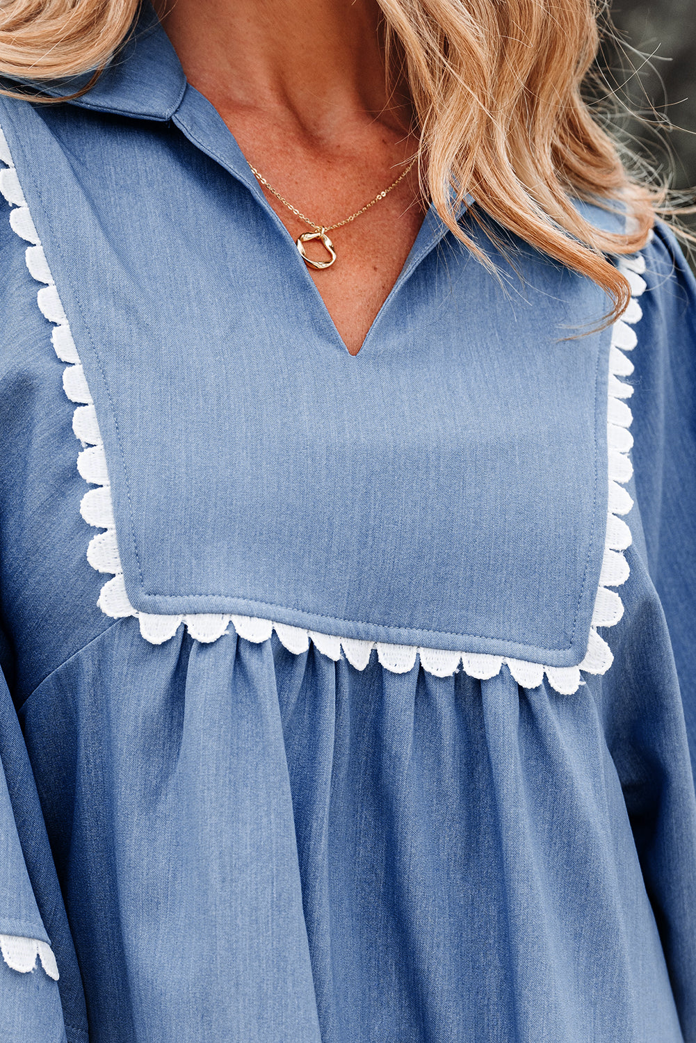 Dusk Blue Lace Ric Rac 3/4 Puff Sleeve Collared Babydoll Blouse-Tops/Blouses & Shirts-[Adult]-[Female]-2022 Online Blue Zone Planet