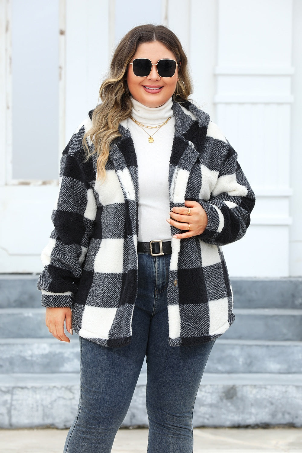 Plus Size Plaid Button Up Hooded Jacket-TOPS / DRESSES-[Adult]-[Female]-Black-1XL-2022 Online Blue Zone Planet