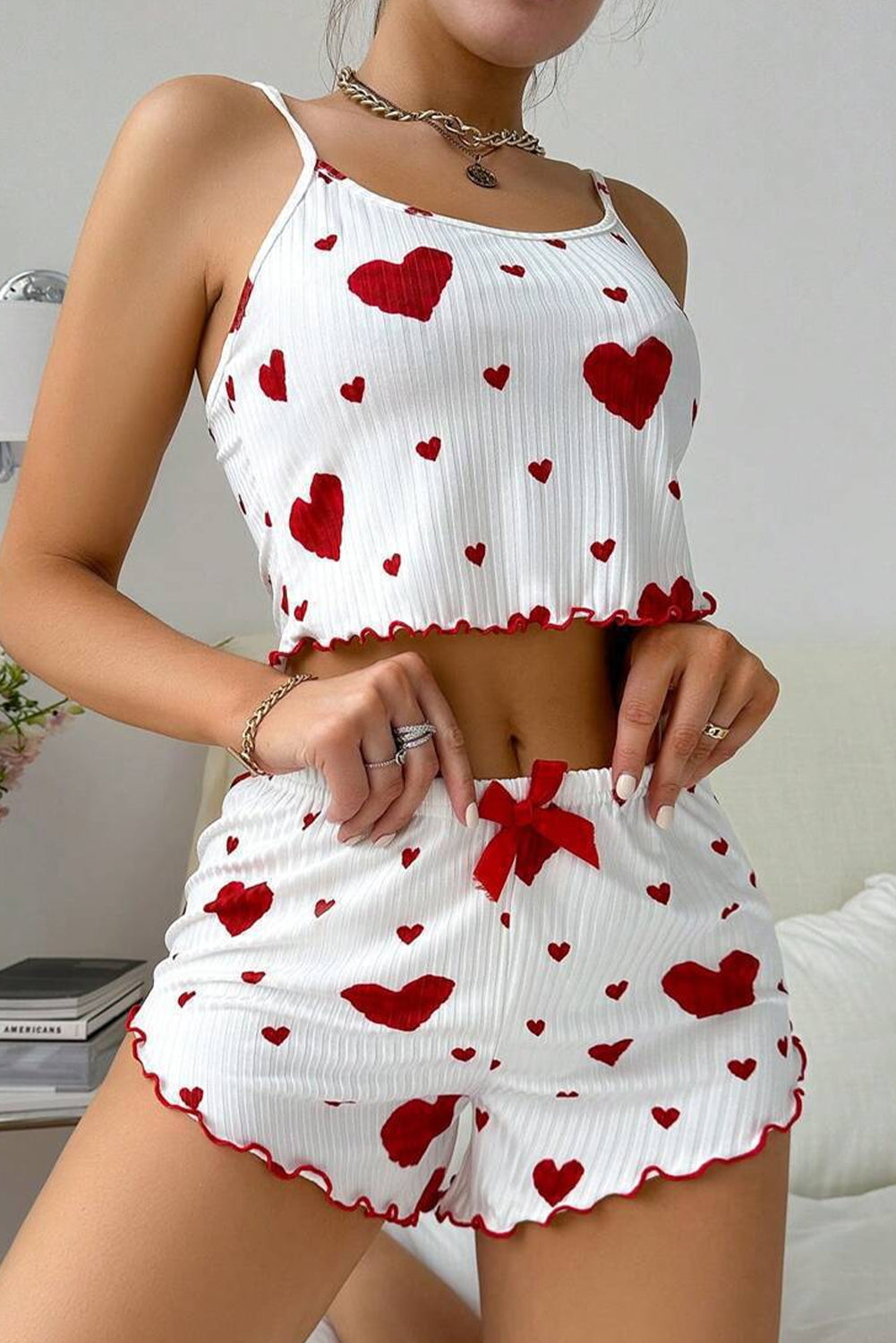 White Valentines Heart Print Spaghetti Cami and Shorts Pajama Set-Loungewear Set-[Adult]-[Female]-White-S-2022 Online Blue Zone Planet