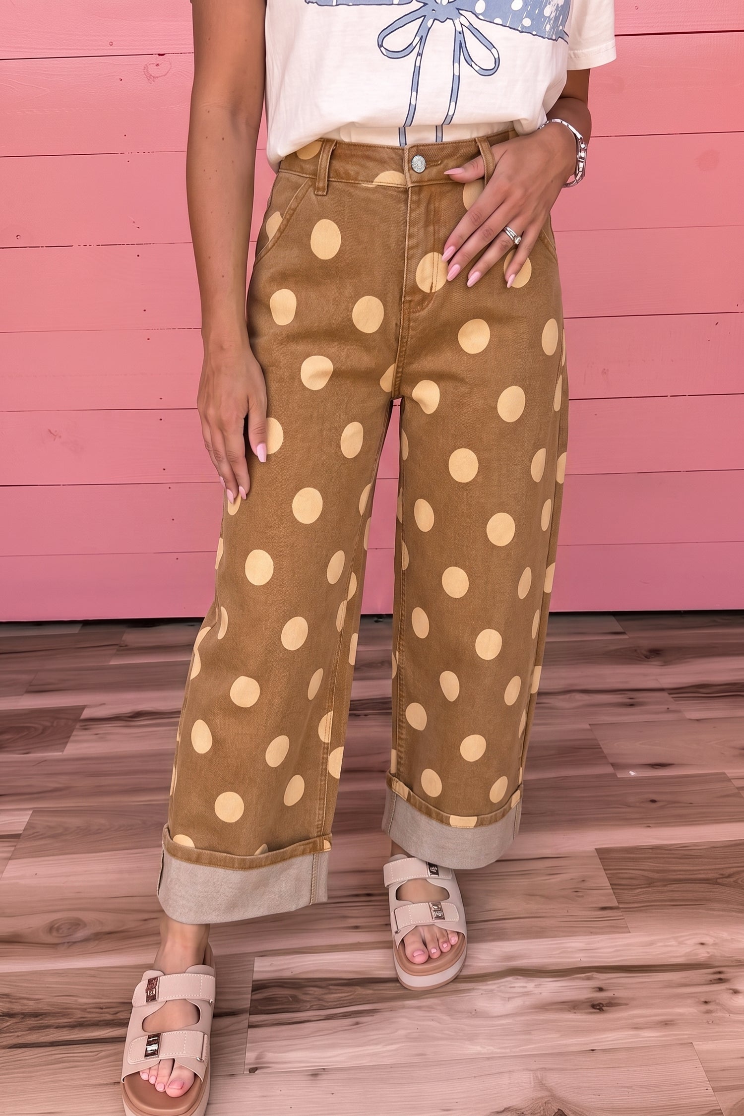 Sky Blue Polka Dot Ankle-Length Metal Button Casual Jeans-Bottoms/Jeans-[Adult]-[Female]-2022 Online Blue Zone Planet