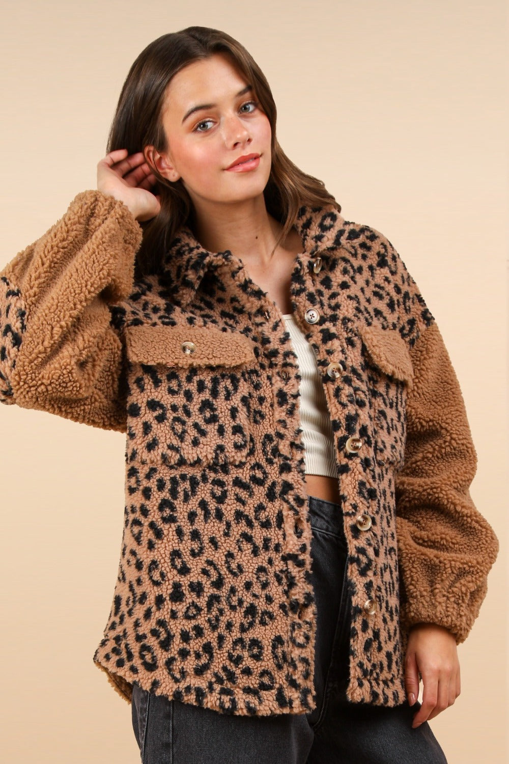 Blue Zone Planet | VERY J Fuzzy Leopard Button Down Long Sleeve Jacket-TOPS / DRESSES-[Adult]-[Female]-2022 Online Blue Zone Planet