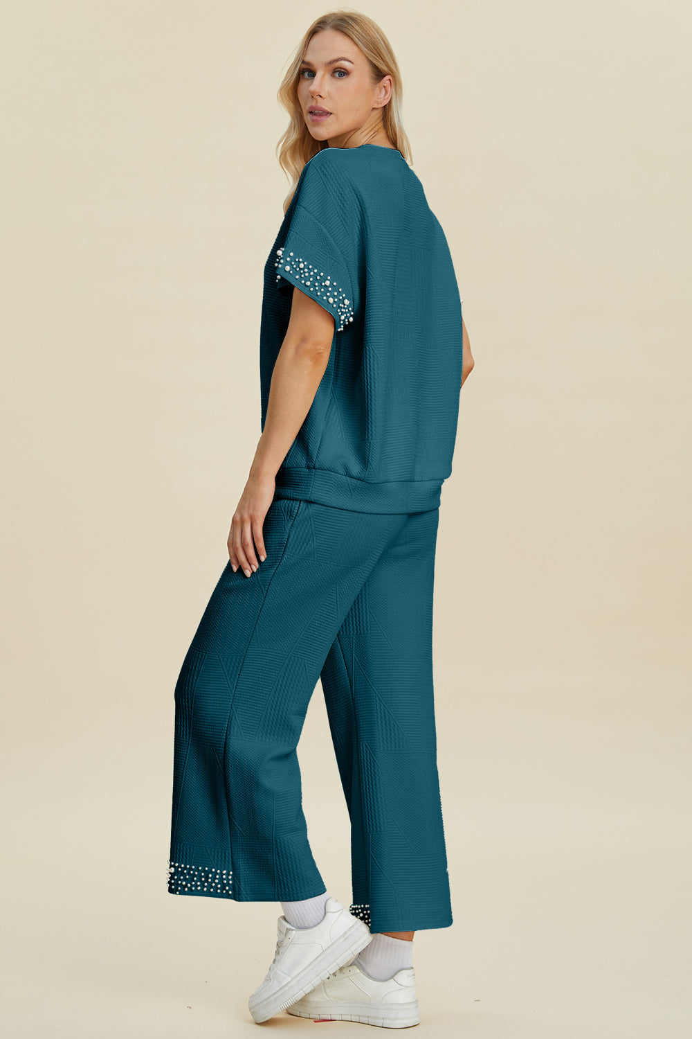 Blue Zone Planet | Double Take Full Size Pearl Detail Round Neck Top and Pants Set-TOPS / DRESSES-[Adult]-[Female]-2022 Online Blue Zone Planet