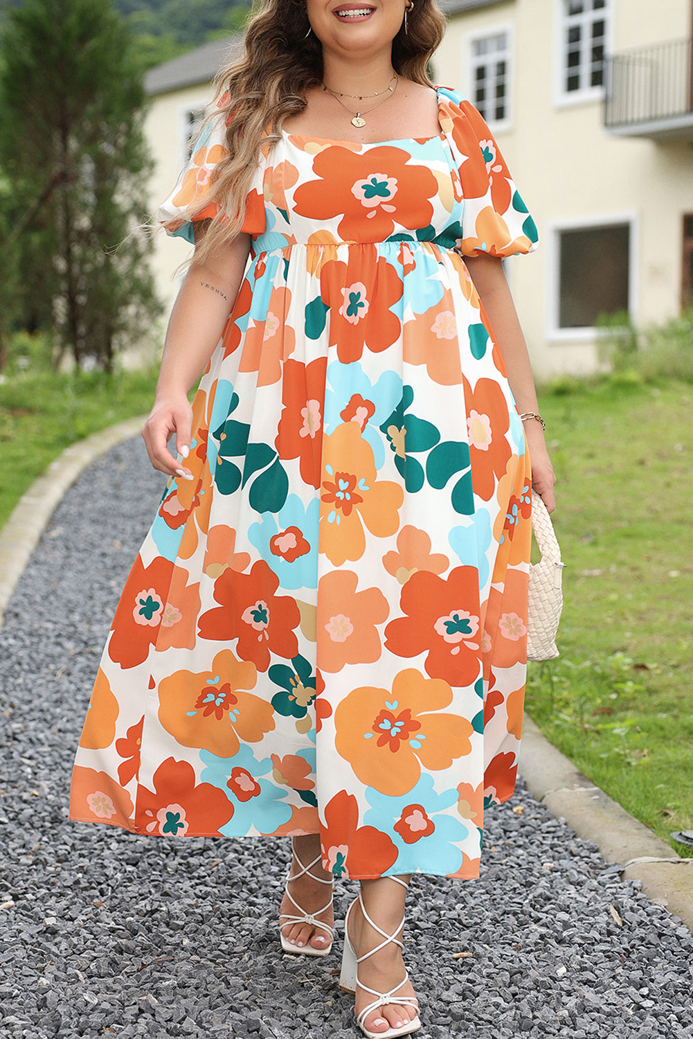 Blue Zone Planet | Orange Plus Size Flower Print Shirred Square Neck Maxi Dress-TOPS / DRESSES-[Adult]-[Female]-2022 Online Blue Zone Planet