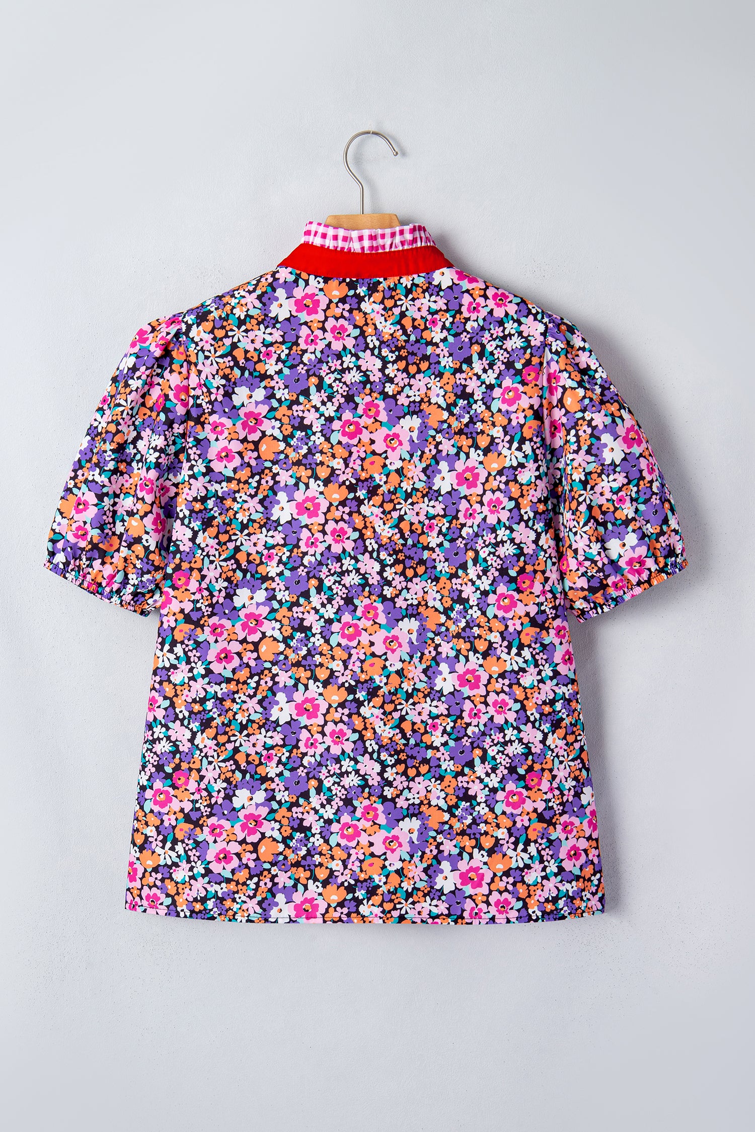 Purple Ditsy Floral Print Plaid Colorblock Trim V Neck Blouse-Tops/Blouses & Shirts-[Adult]-[Female]-2022 Online Blue Zone Planet