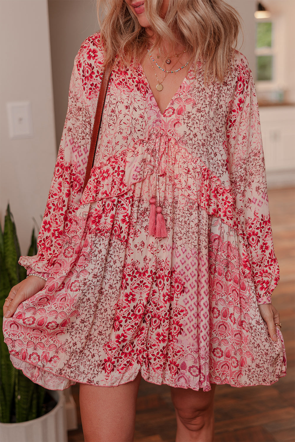 Pink Bohemian Floral Print Tassel Tie Long Sleeve Flowy Mini Dress Pink / M / 100%Viscose by Blue Zone Planet