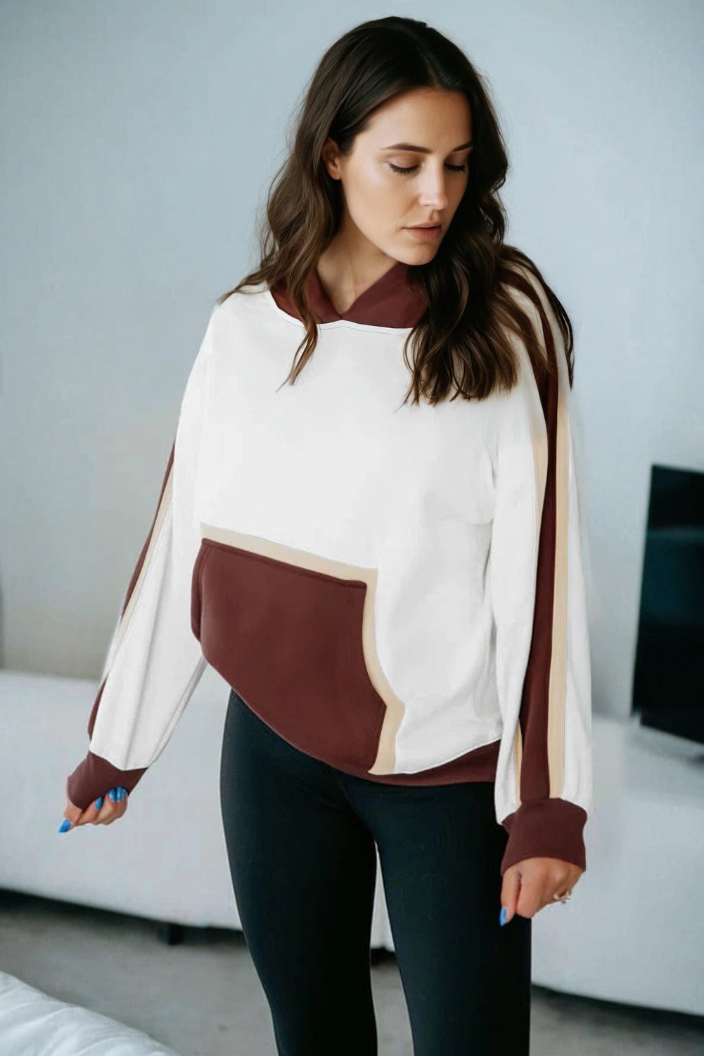 Coffee Color Block Patchwork Athleisure Hooded Sweatshirt-Tops / Dresses-[Adult]-[Female]-2022 Online Blue Zone Planet
