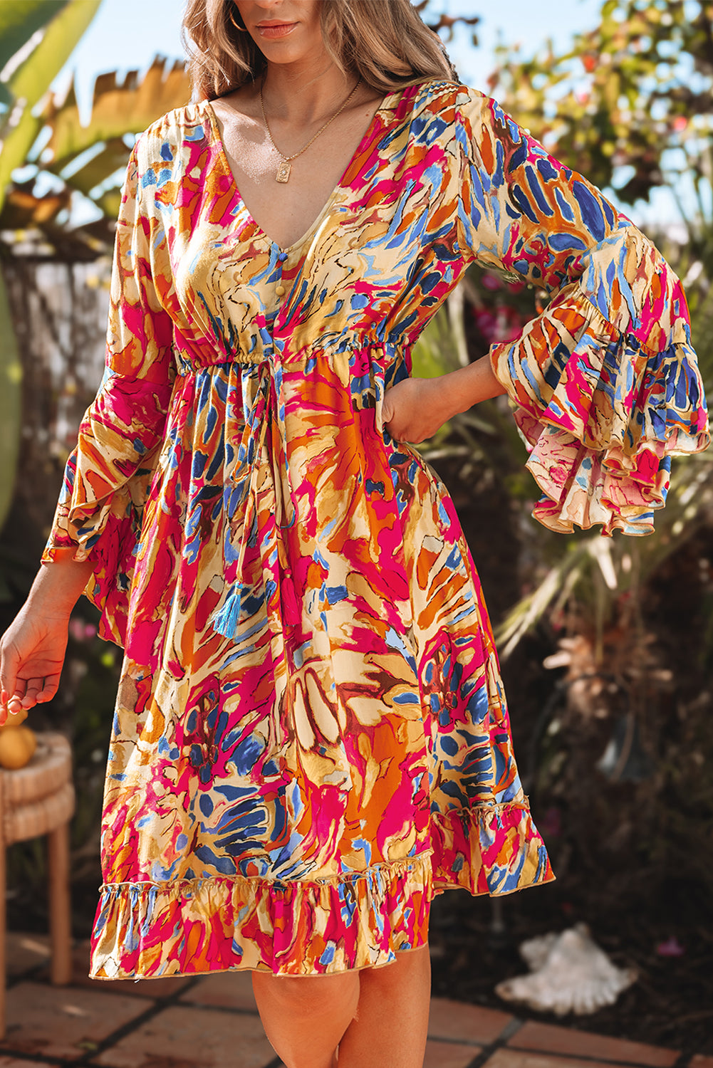 Pink Plant Print Flared Sleeve Ruffled Hem Tunic High Waist Flowy Dress-TOPS / DRESSES-[Adult]-[Female]-2022 Online Blue Zone Planet