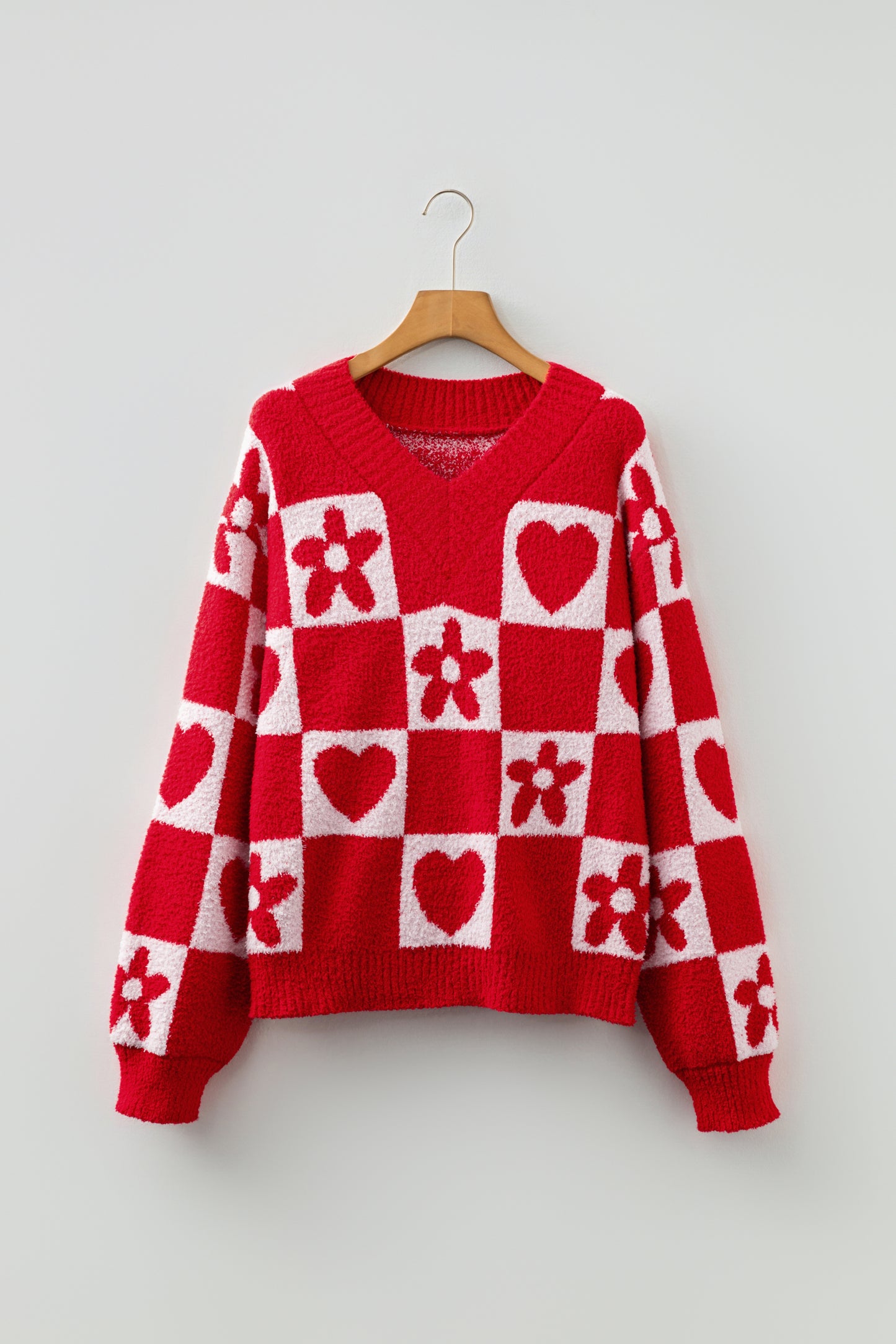Fiery Red V Neck Flower Heart Detail Checkered Knit Loose Sweater-Sweaters & Cardigans/Sweaters-[Adult]-[Female]-2022 Online Blue Zone Planet