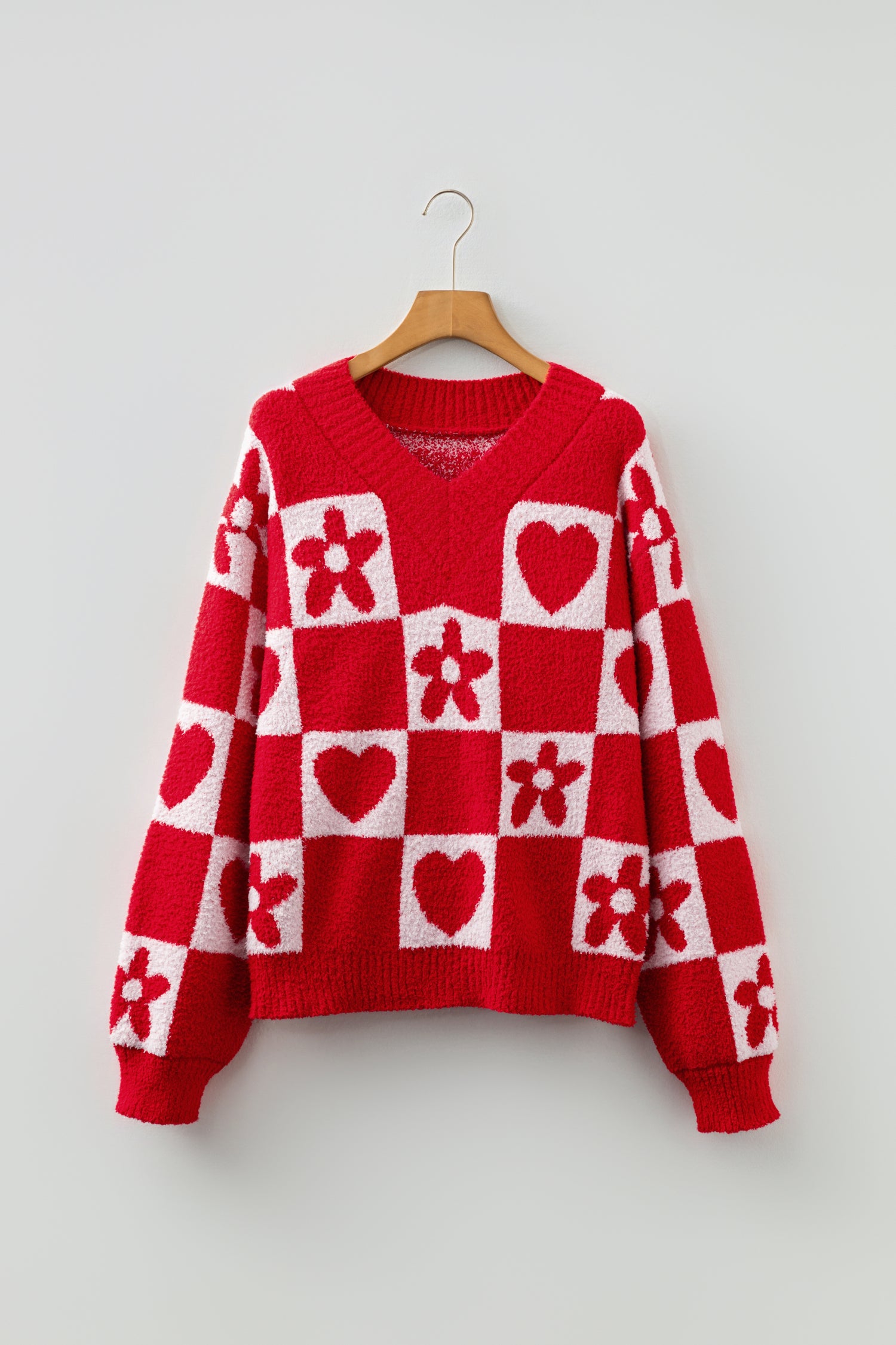 Fiery Red V Neck Flower Heart Detail Checkered Knit Loose Sweater-Sweaters & Cardigans/Sweaters-[Adult]-[Female]-2022 Online Blue Zone Planet