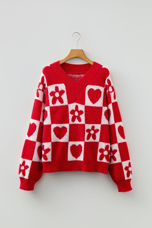 Fiery Red V Neck Flower Heart Detail Checkered Knit Loose Sweater-Sweaters & Cardigans/Sweaters-[Adult]-[Female]-2022 Online Blue Zone Planet