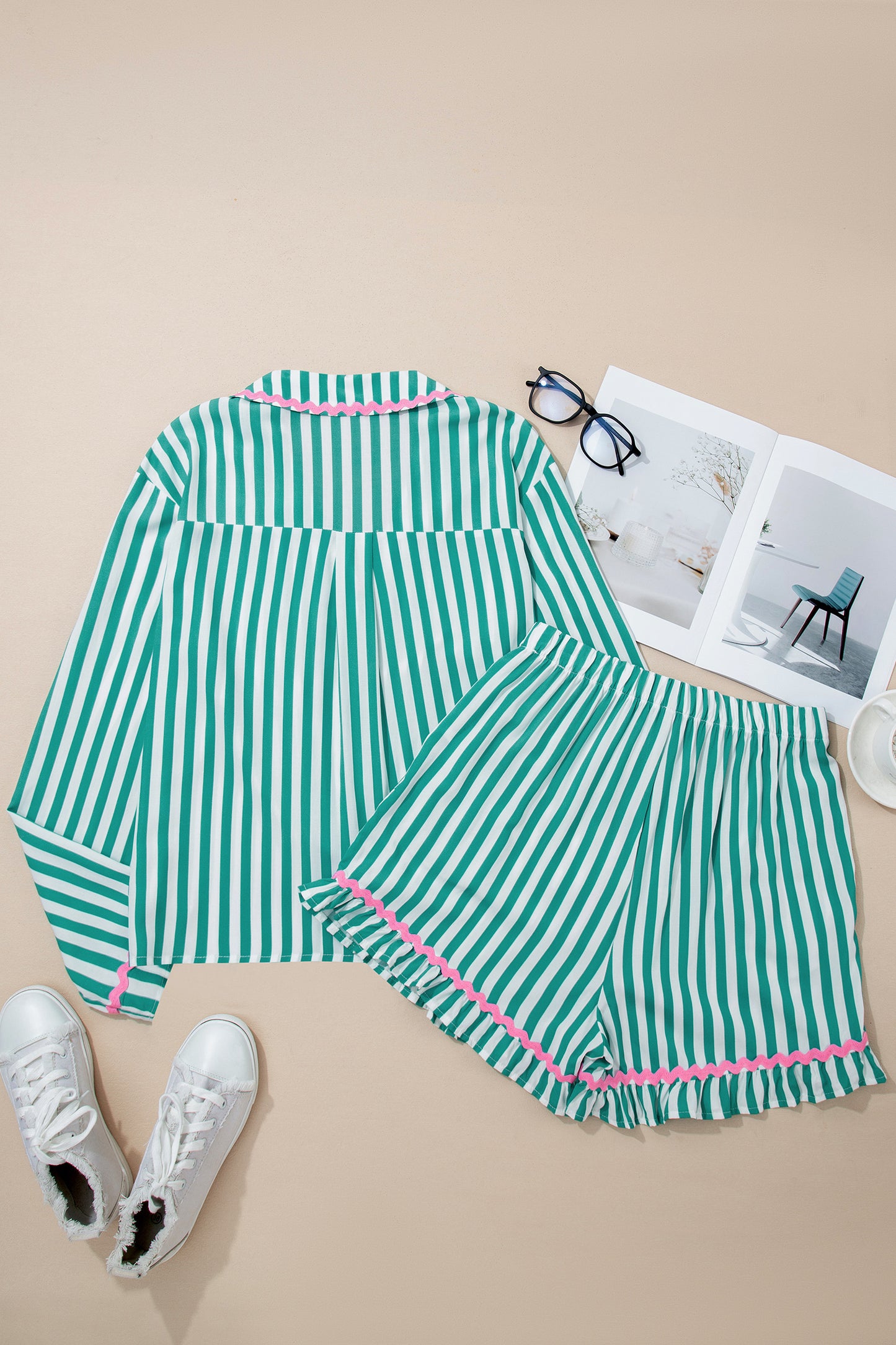 Green Stripe Contrast Ricrac Trim Long Sleeve Shirt Drawstring Ruffled Pajama Short Set-Loungewear & Sleepwear/Sleepwear-[Adult]-[Female]-2022 Online Blue Zone Planet