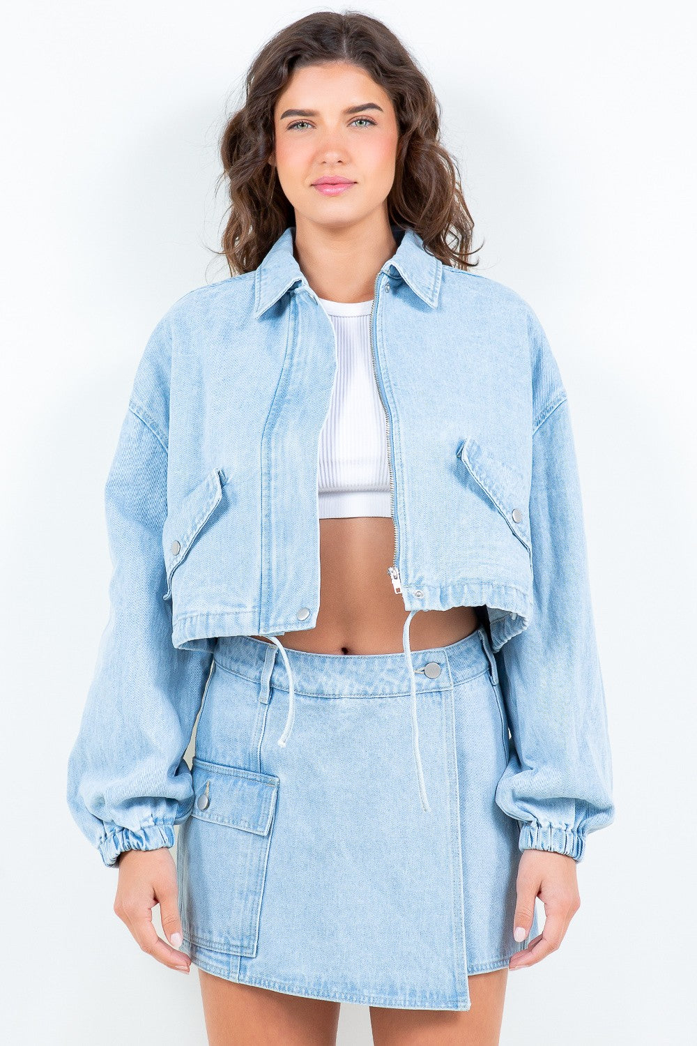 Blue Zone Planet | American Bazi Drawstring Waist Crop Denim Jacket-TOPS / DRESSES-[Adult]-[Female]-LT Blue-S-2022 Online Blue Zone Planet