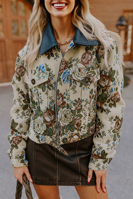 Khaki Floral Print Zip Up Contrast Collared Jacket-Outerwear/Jackets-[Adult]-[Female]-Khaki-S-2022 Online Blue Zone Planet