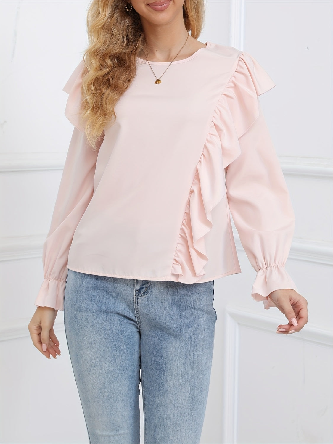 Ruffled Round Neck Long Sleeve Blouse-TOPS / DRESSES-[Adult]-[Female]-2022 Online Blue Zone Planet