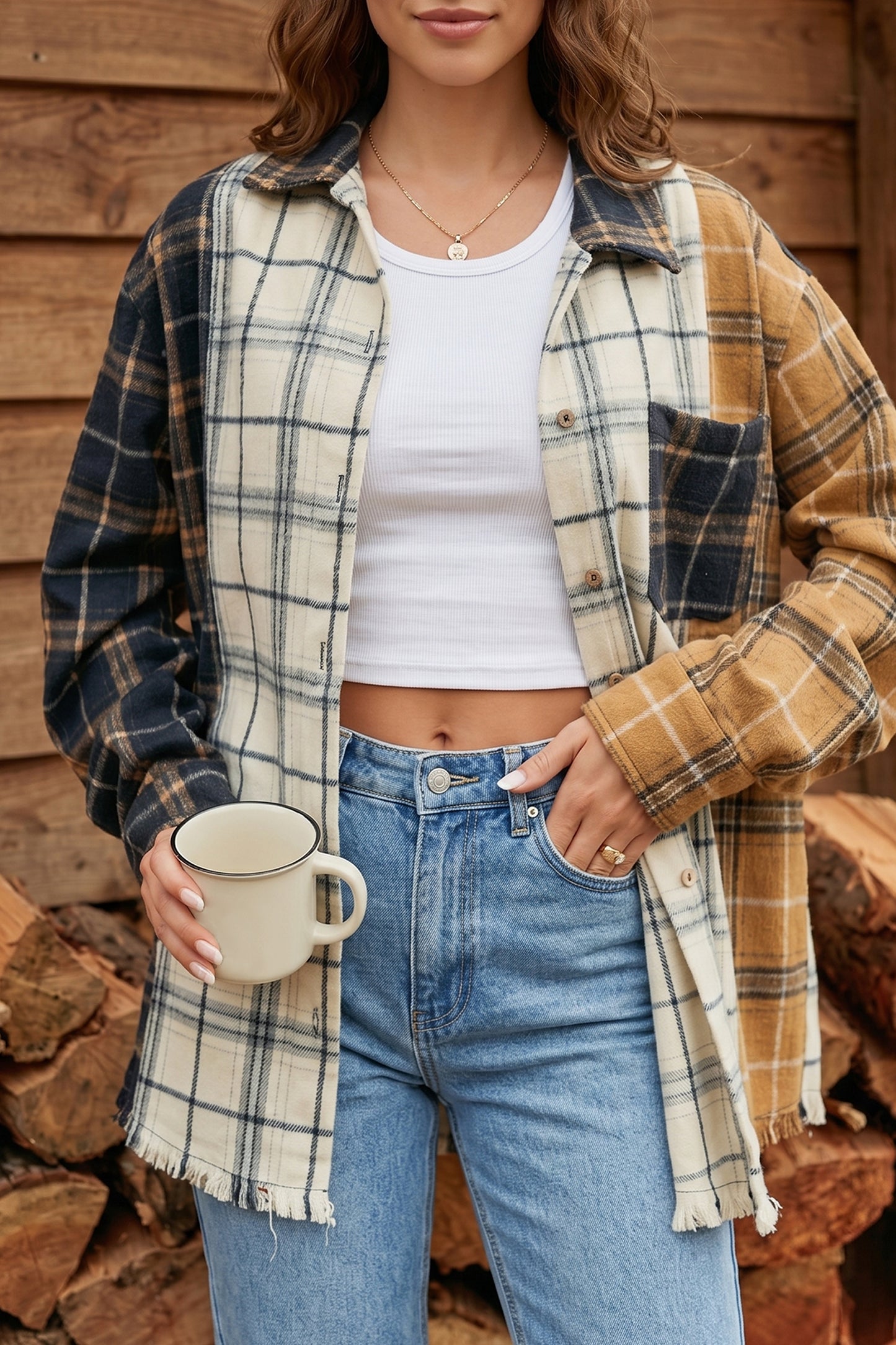 Multicolour Plaid Button-Up Long Sleeve Shift Silhouette Shacket-Outerwear/Plaid Shackets-[Adult]-[Female]-Multicolour-S-2022 Online Blue Zone Planet