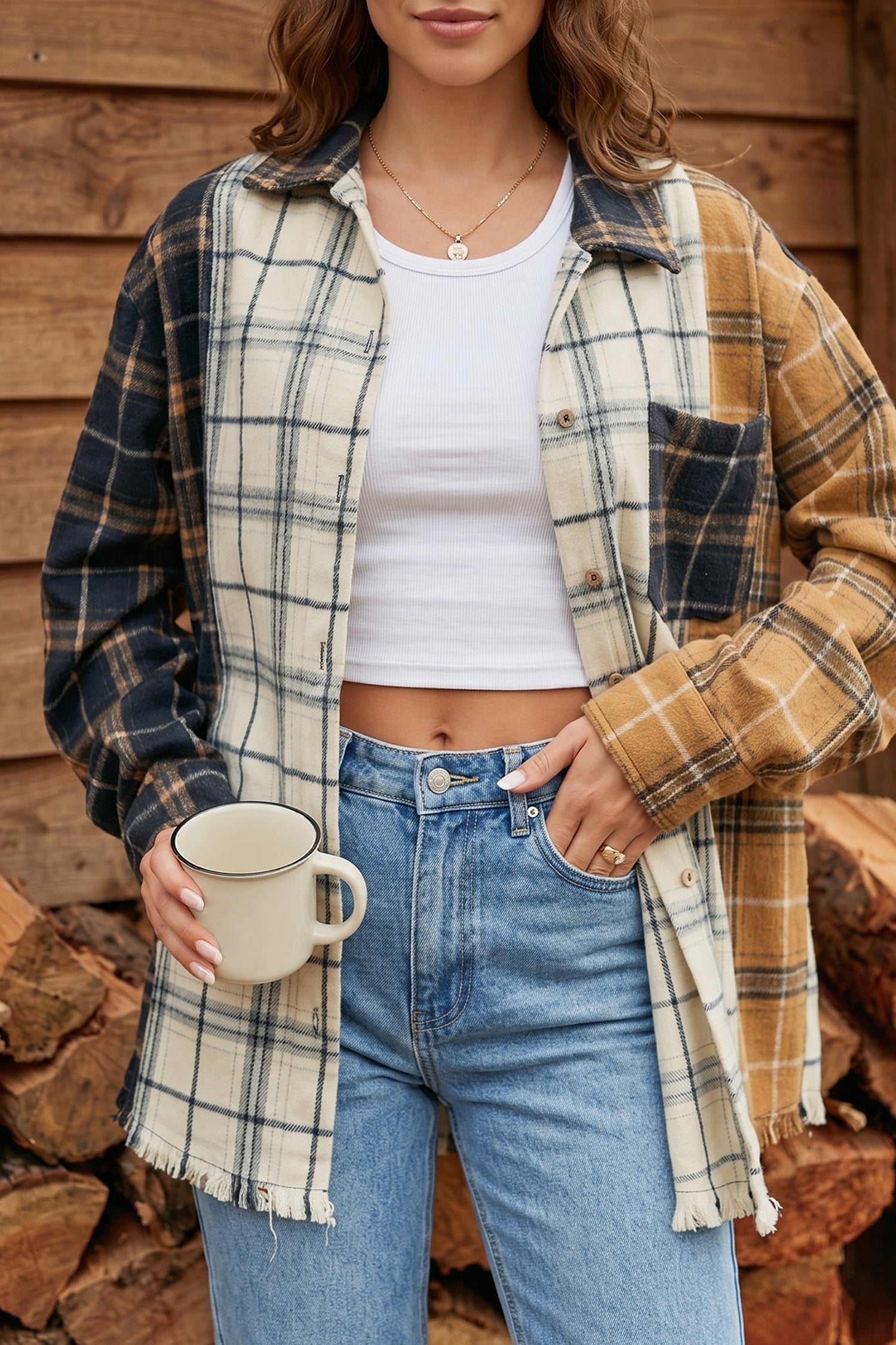 Multicolour Plaid Button-Up Long Sleeve Shift Silhouette Shacket-Outerwear/Plaid Shackets-[Adult]-[Female]-Multicolour-S-2022 Online Blue Zone Planet