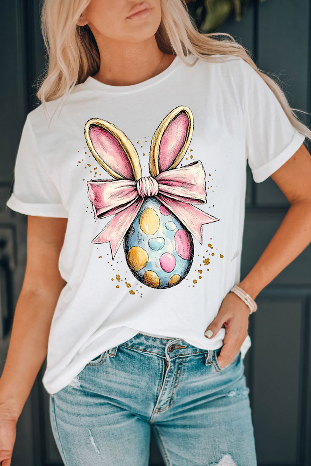 White Easter Egg Bow Bunny Ear Printed T Shirt-Graphic/Graphic Tees-[Adult]-[Female]-2022 Online Blue Zone Planet