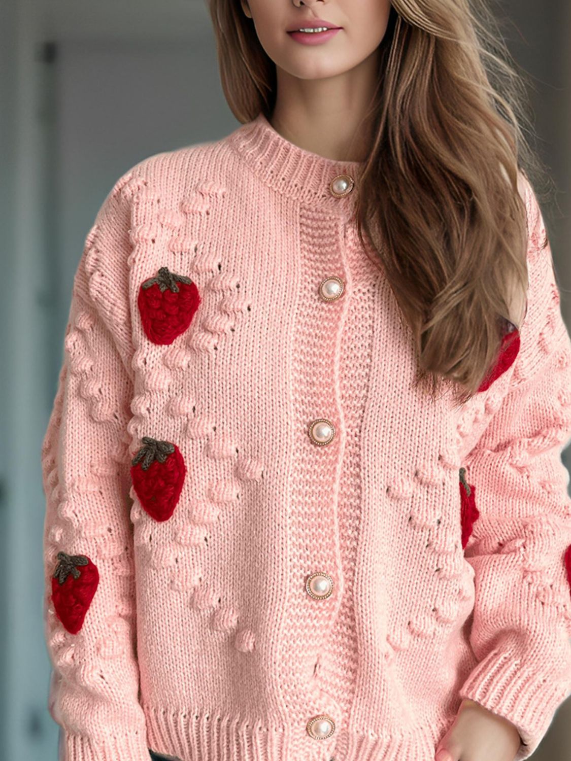 Strawberry Button Down Long Sleeve Cardigan-NEW ARRIVALS-[Adult]-[Female]-Dusty Pink-One Size-2022 Online Blue Zone Planet