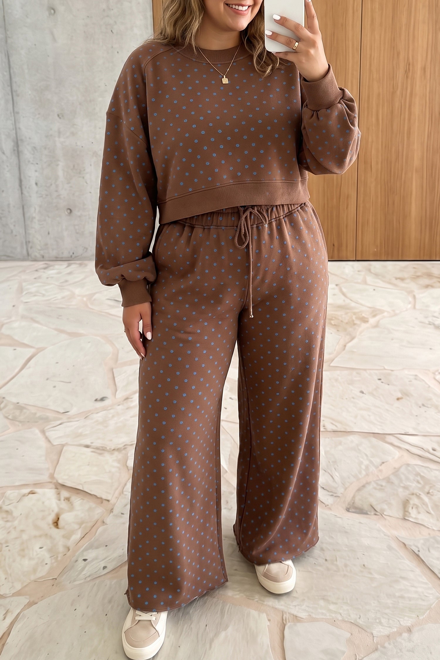 Brown Polka Dot Round Neck Long Sleeve Plus Size Set-Plus Size/Plus Size Loungewear-[Adult]-[Female]-2022 Online Blue Zone Planet