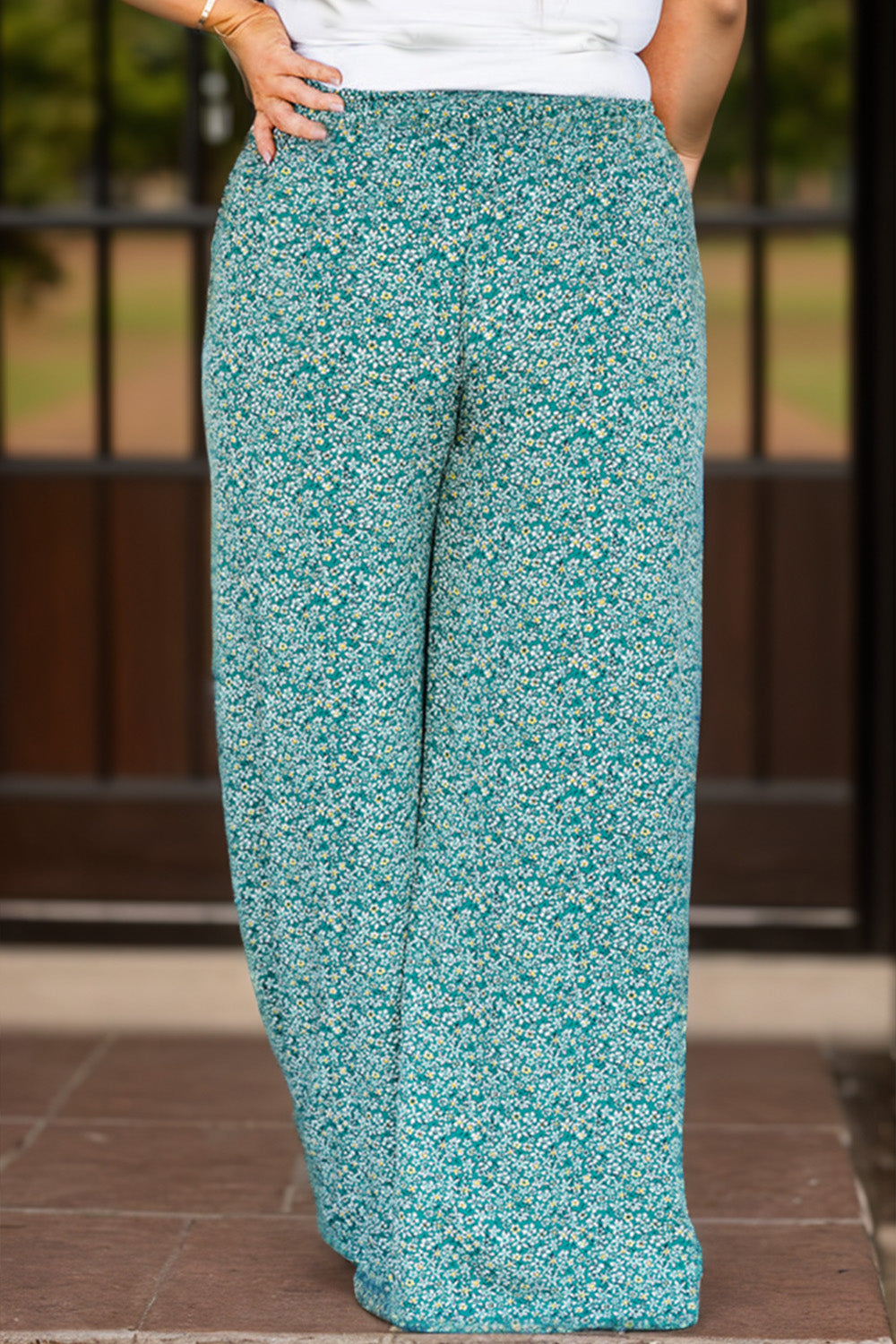 Plus Size Ditsy Floral Wide Lag Pants-[Adult]-[Female]-2022 Online Blue Zone Planet