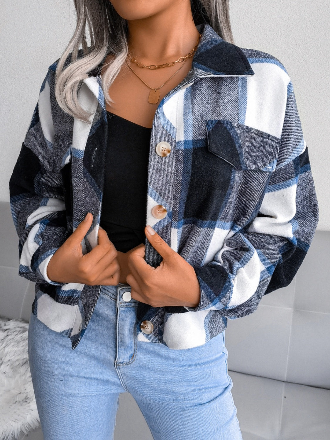 Plaid Collared Neck Long Sleeve Jacket-TOPS / DRESSES-[Adult]-[Female]-Navy-S-2022 Online Blue Zone Planet