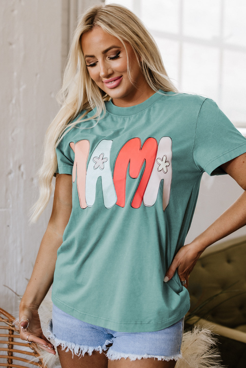 Sea Green Mama Printed Mineral Wash Crewneck T Shirt-Tops/Tops & Tees-[Adult]-[Female]-2022 Online Blue Zone Planet