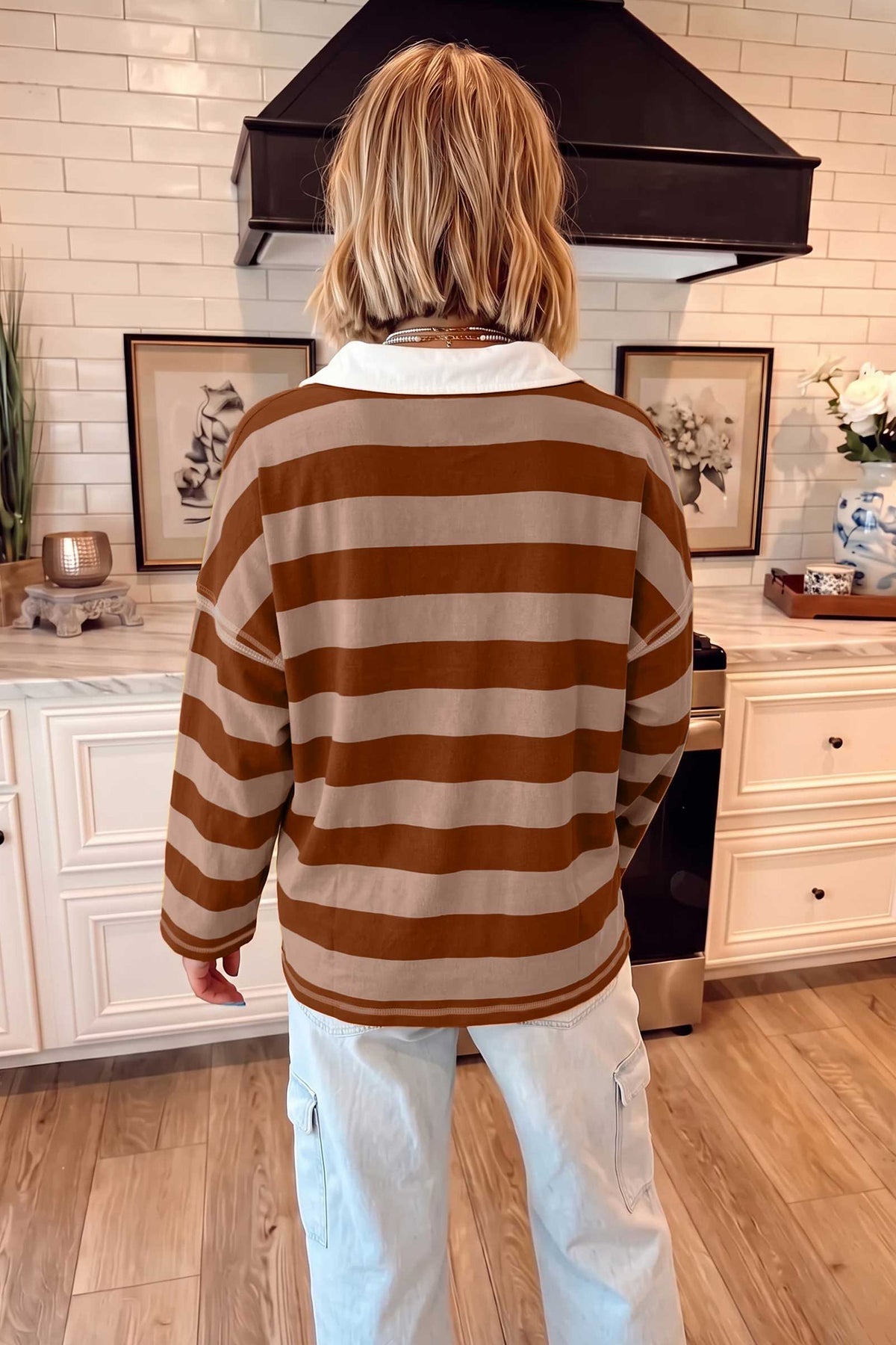 Brown Stripe Contrast Polo Collar Bracelet Sleeve Loose Top-Bracelet-[Adult]-[Female]-2022 Online Blue Zone Planet