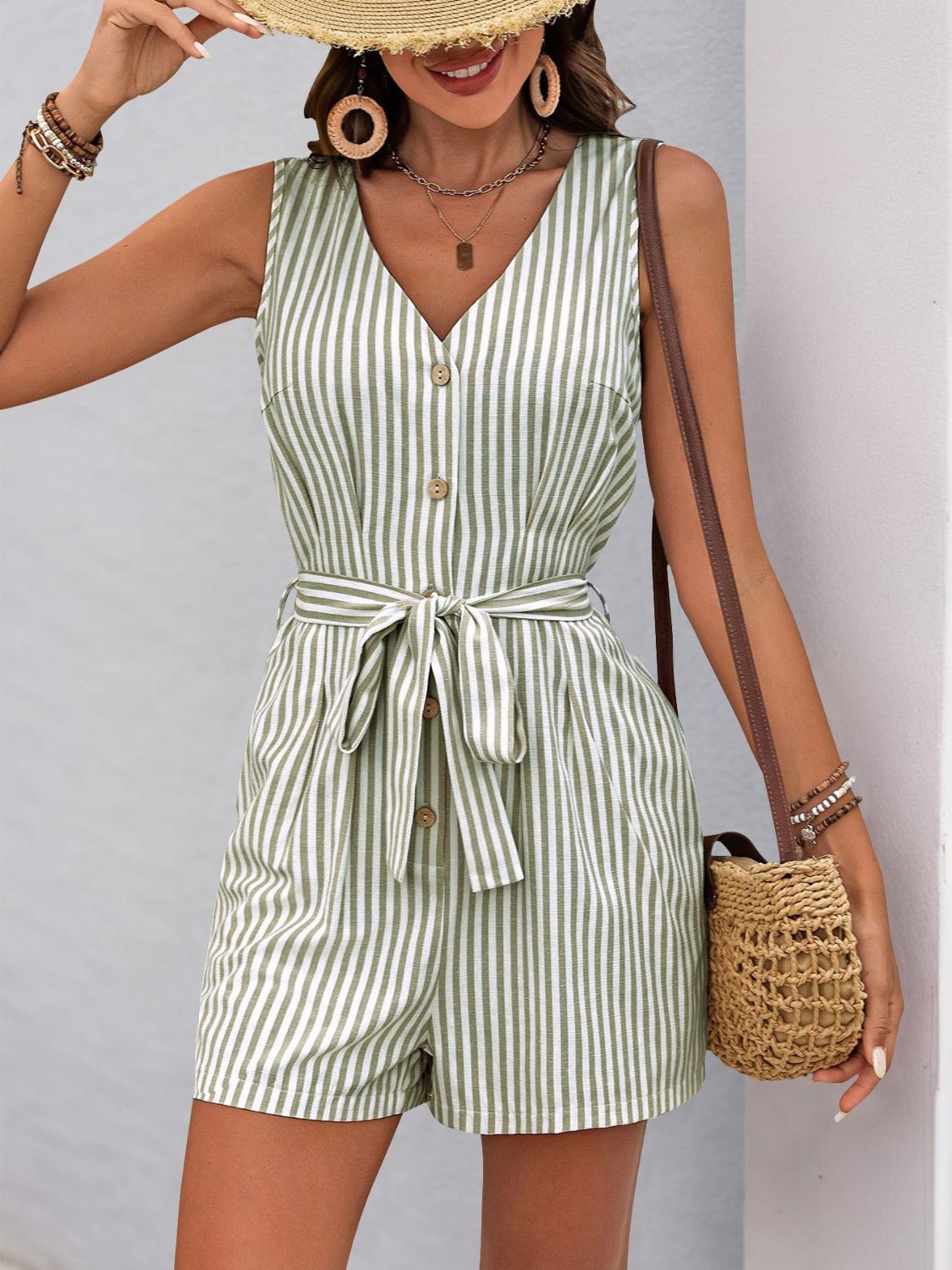 Blue Zone Planet | Perfee Striped V-Neck Tie Waist Romper-TOPS / DRESSES-[Adult]-[Female]-2022 Online Blue Zone Planet