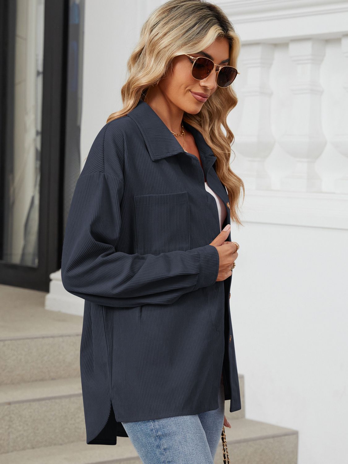 Button Up Dropped Shoulder Long Sleeve Outerwear-TOPS / DRESSES-[Adult]-[Female]-2022 Online Blue Zone Planet