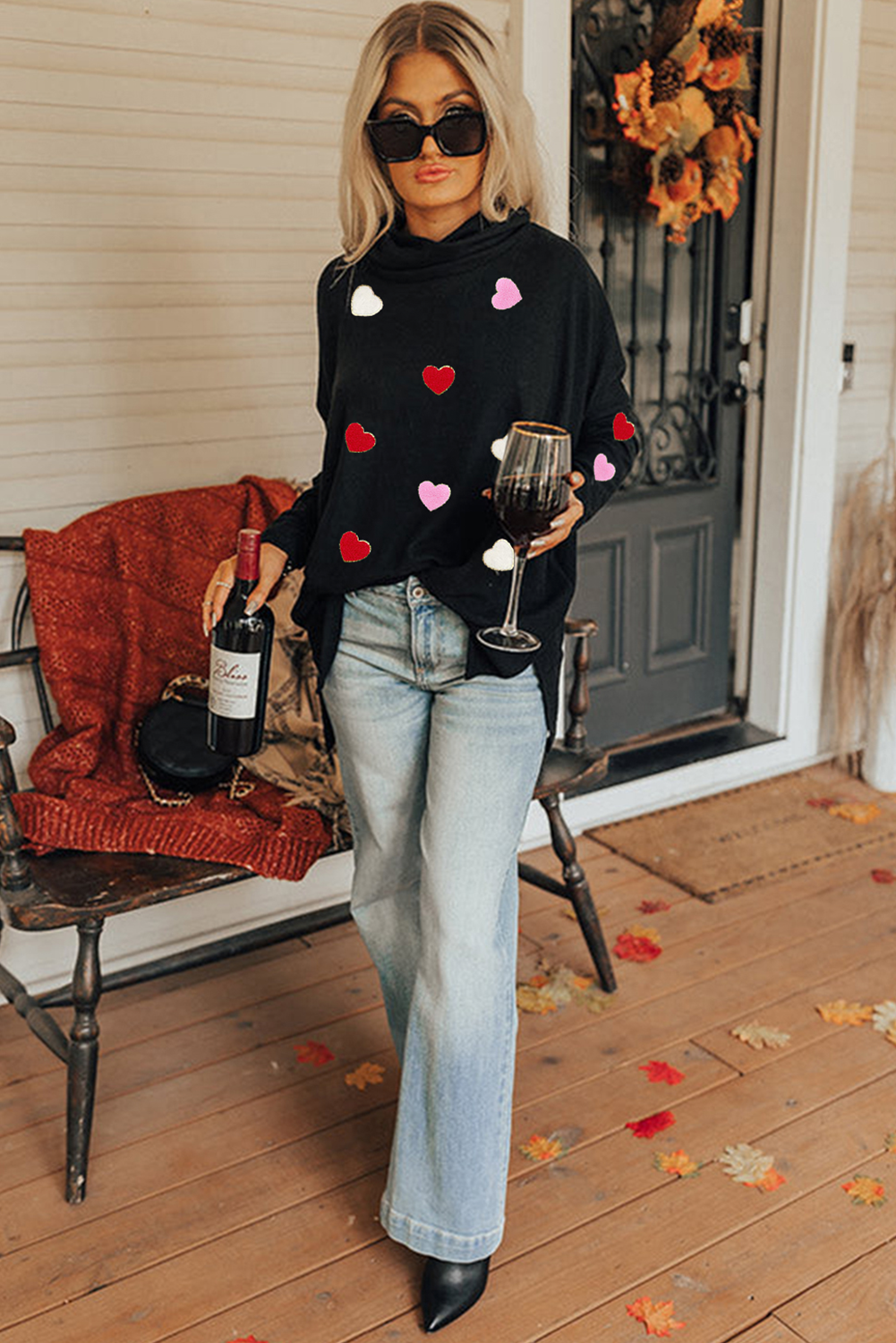 Black Valentines Chenille Heart Patched Dolman Sleeve High Neck Split Top-Graphic Apparel-[Adult]-[Female]-2022 Online Blue Zone Planet