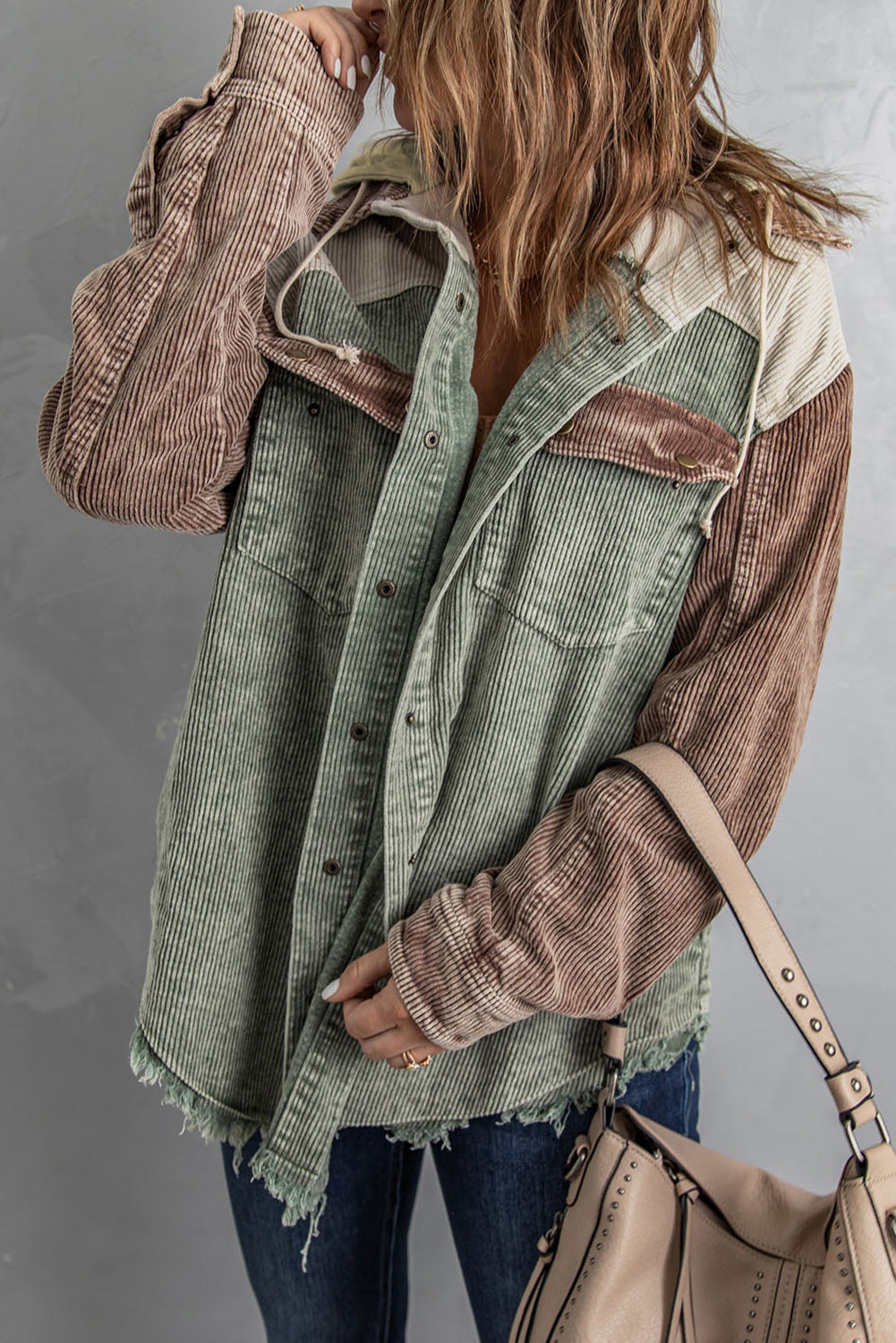 Gray Color Block Button Down Hooded Corduroy Jacket-Outerwear/Jackets-[Adult]-[Female]-2022 Online Blue Zone Planet