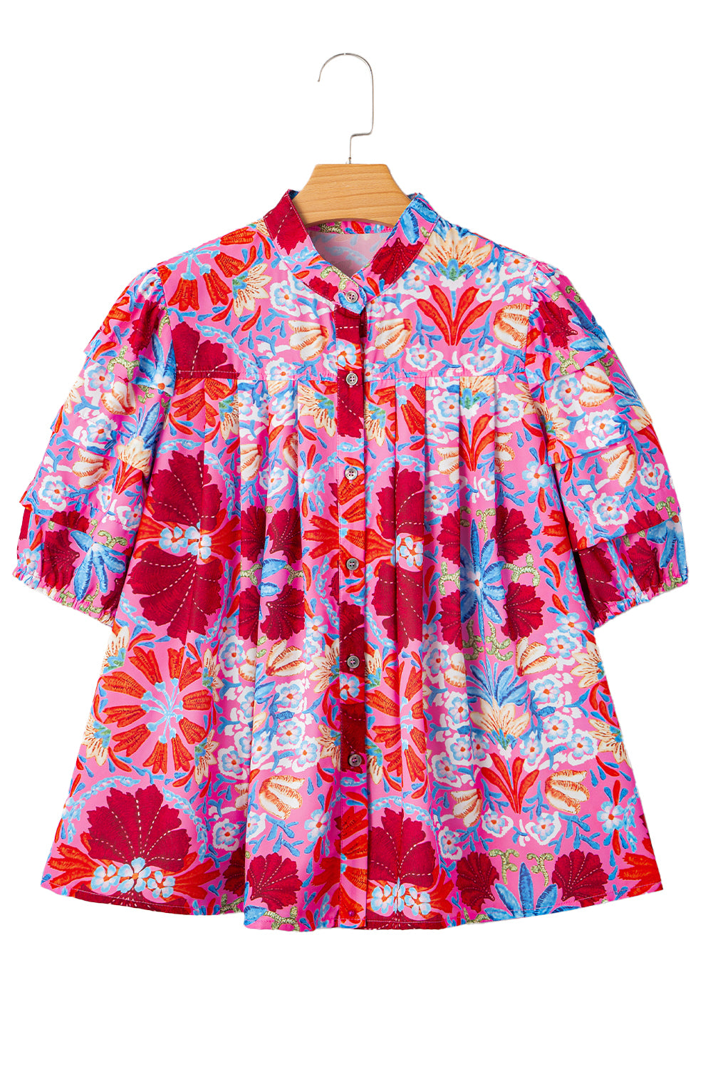 Pink Floral Print Bubble Sleeve Button Up Pleated Shirt-Tops/Blouses & Shirts-[Adult]-[Female]-2022 Online Blue Zone Planet