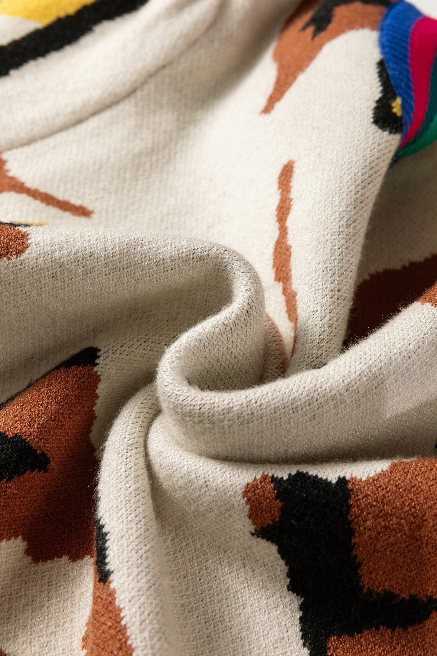 Apricot Contrast Ribbed Stripes Detail Animal Pattern Knit Sweater-TOPS / DRESSES-[Adult]-[Female]-2022 Online Blue Zone Planet