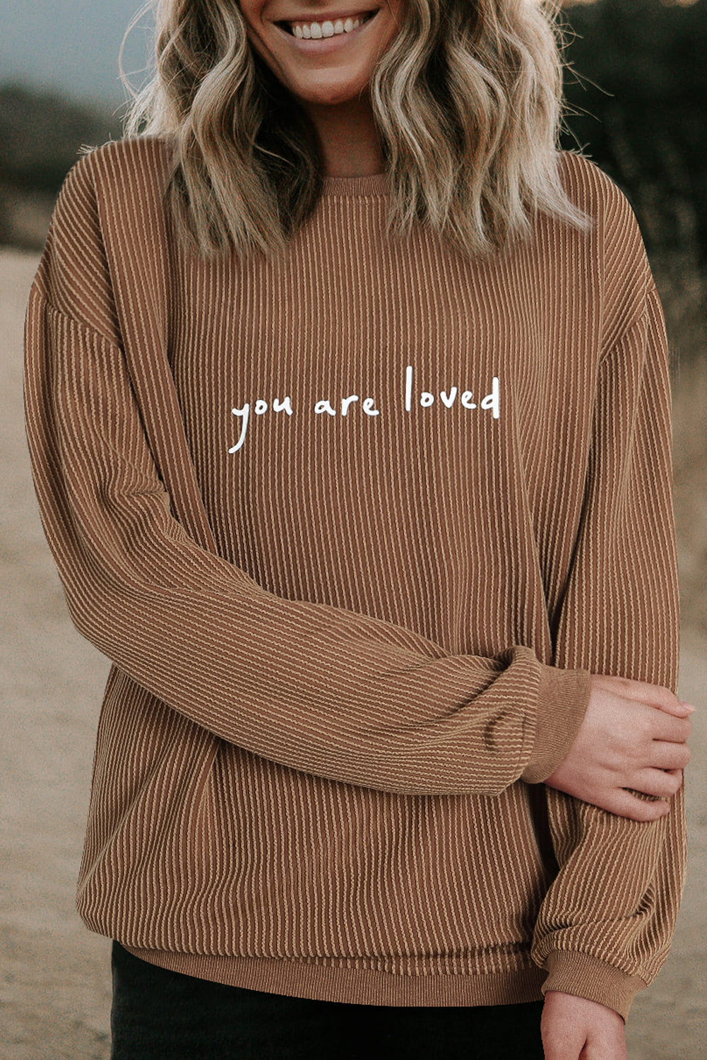 Khaki You Are Loved Print Corduroy Sweatshirt-Sale (50% OFF)/30% OFF-[Adult]-[Female]-2022 Online Blue Zone Planet