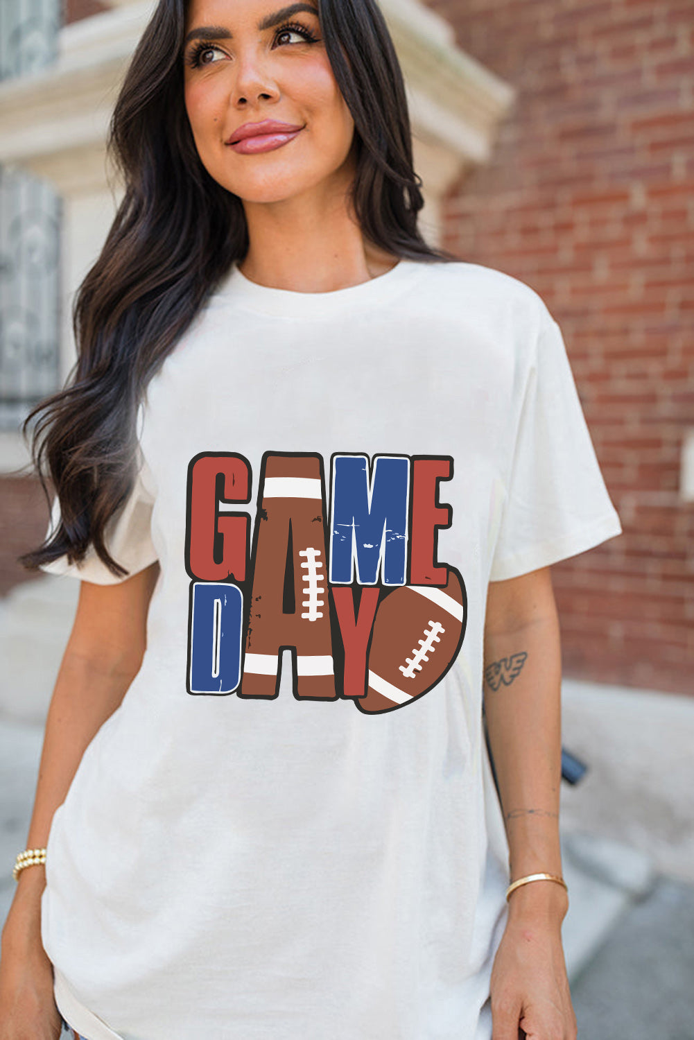 White GAME DAY Football Letter Graphic T Shirt-Graphic/Graphic Tees-[Adult]-[Female]-2022 Online Blue Zone Planet