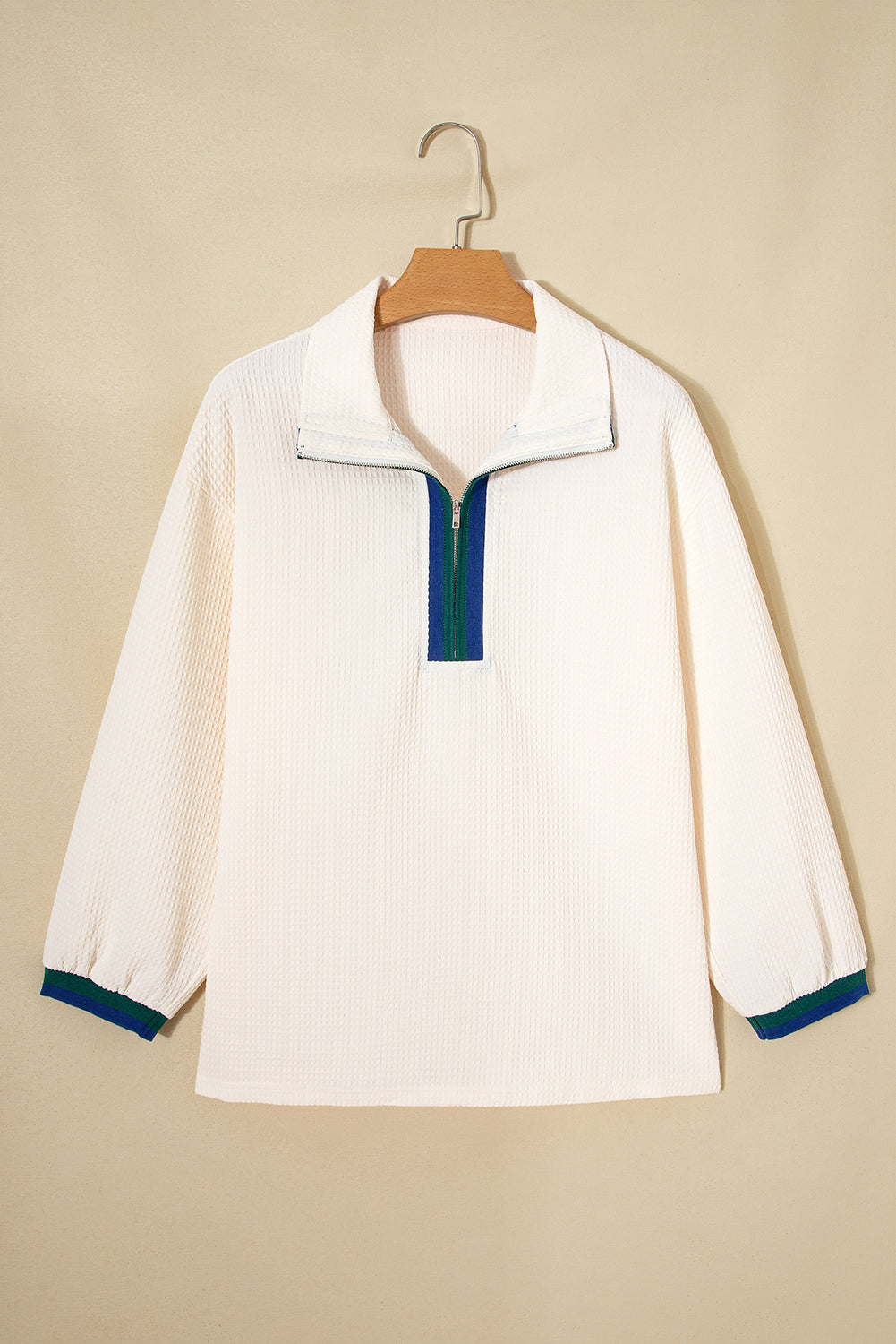 White Waffle Textured Contrast Polo Neck Zip up Jumper-Tops/Long Sleeve Tops-[Adult]-[Female]-2022 Online Blue Zone Planet