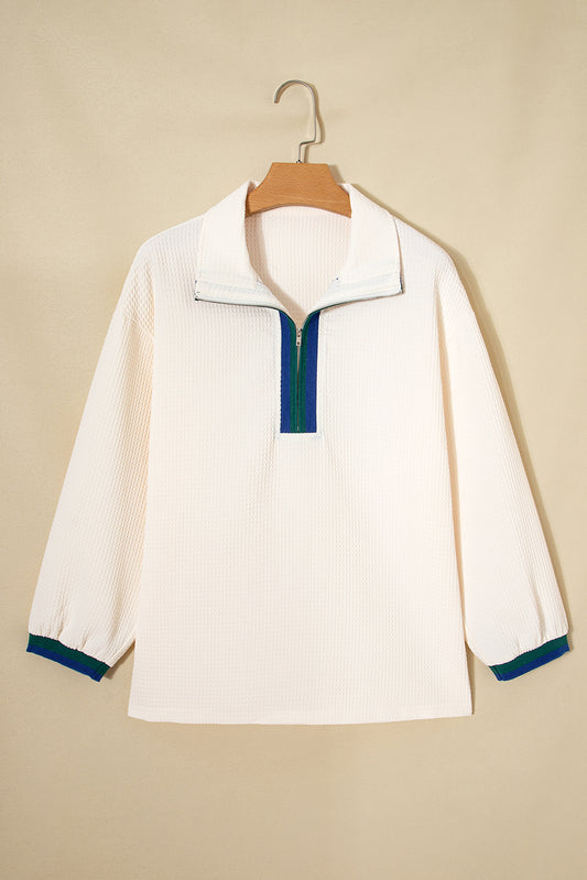 White Waffle Textured Contrast Polo Neck Zip up Jumper-Tops/Long Sleeve Tops-[Adult]-[Female]-2022 Online Blue Zone Planet