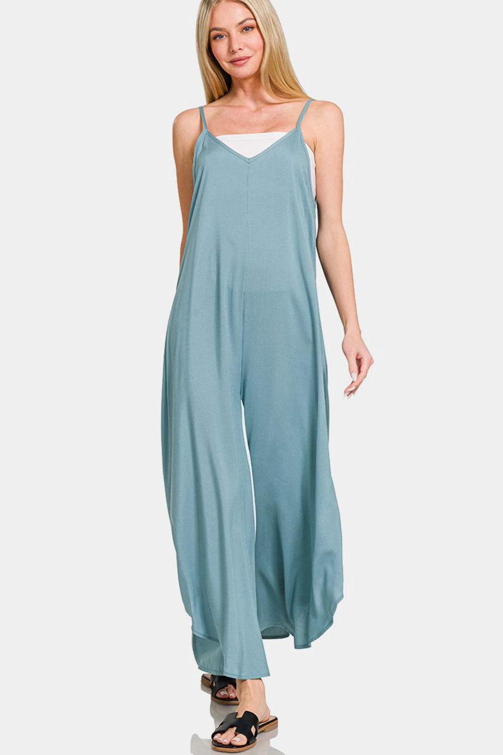 Zenana Spaghetti Strap Wide Leg Overalls with Pockets-TOPS / DRESSES-[Adult]-[Female]-BLUE GREY-S-2022 Online Blue Zone Planet